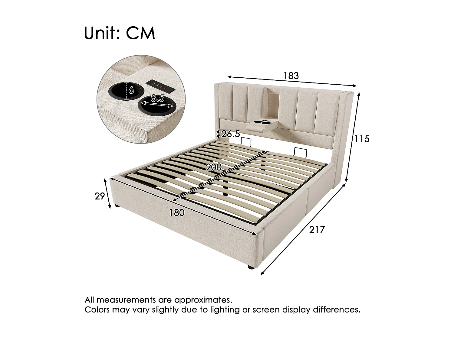 Lit coffre rembourré double - 180 x 200 cm - avec porte-gobelet caché et station de charge - lin - beige