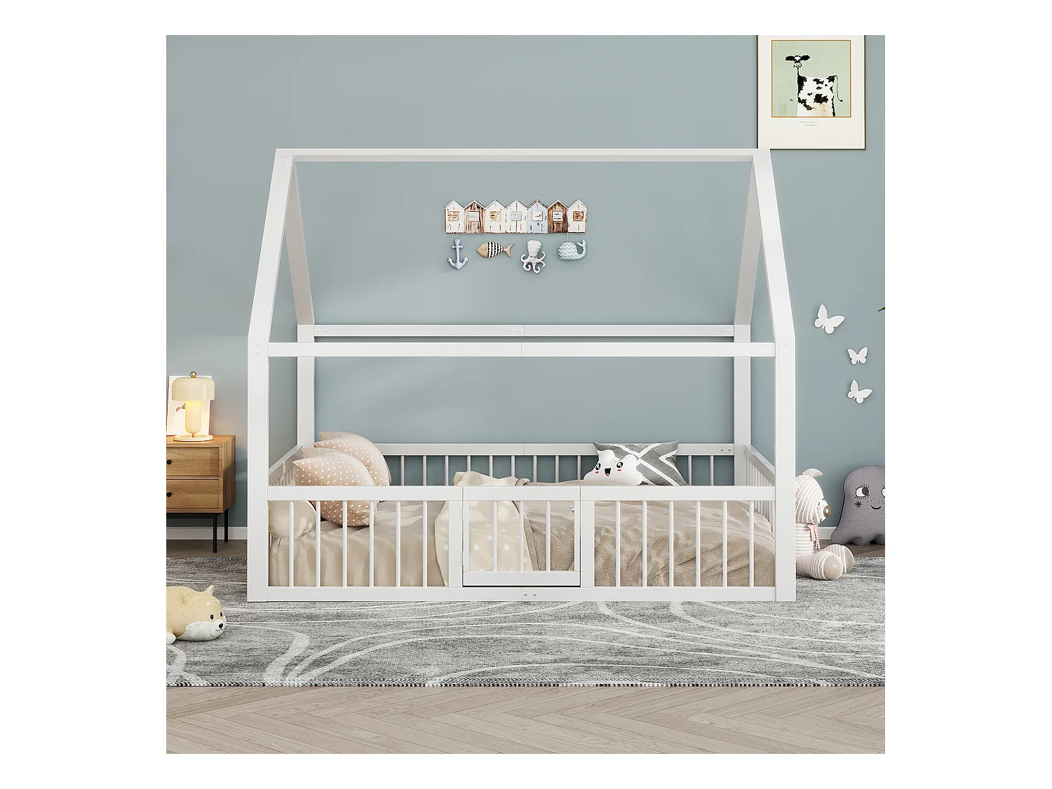 Cabane illuminata in metallo 140 x 200 cm con barriere e porte - Sommier à lattes incluso - Blanc (Sans matelas)