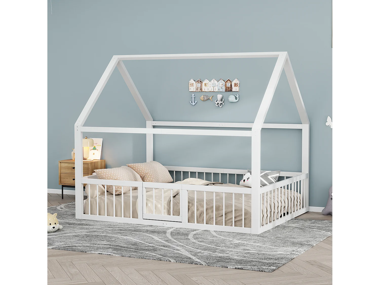 Cabane illuminata in metallo 140 x 200 cm con barriere e porte - Sommier à lattes incluso - Blanc (Sans matelas)