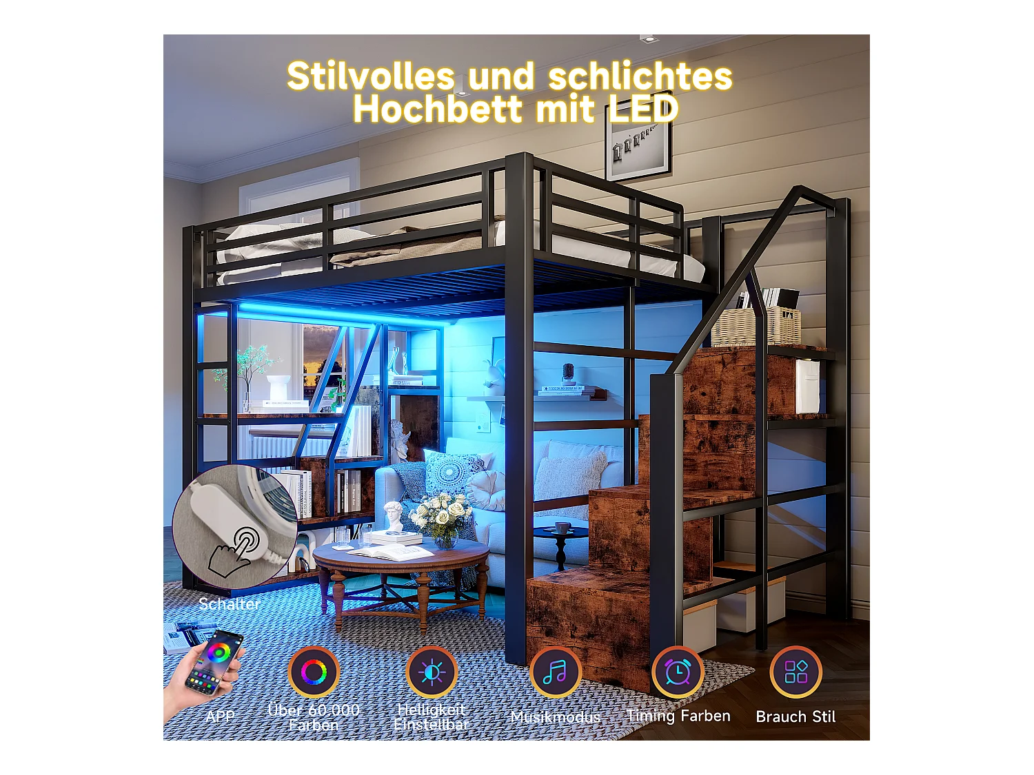 Lit mezzanine en métal - 140 x 200 cm - avec étagère de rangement + échelle + Leds - MDF + métal - noir