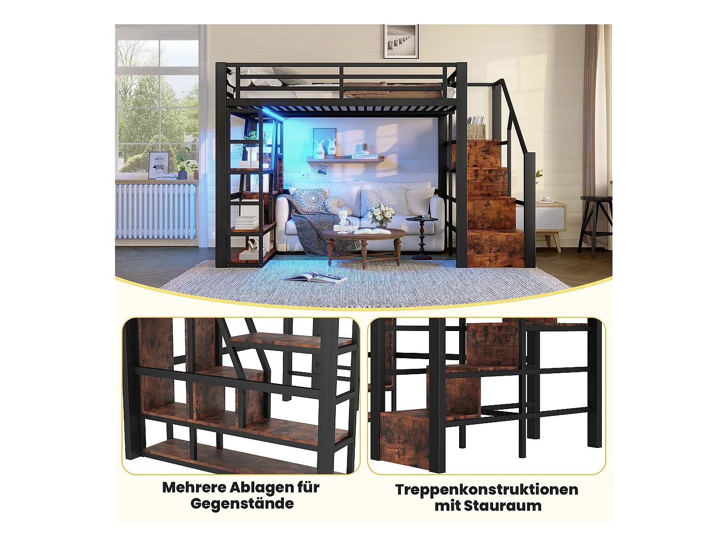 Lit mezzanine en métal - 140 x 200 cm - avec étagère de rangement + échelle + Leds - MDF + métal - noir