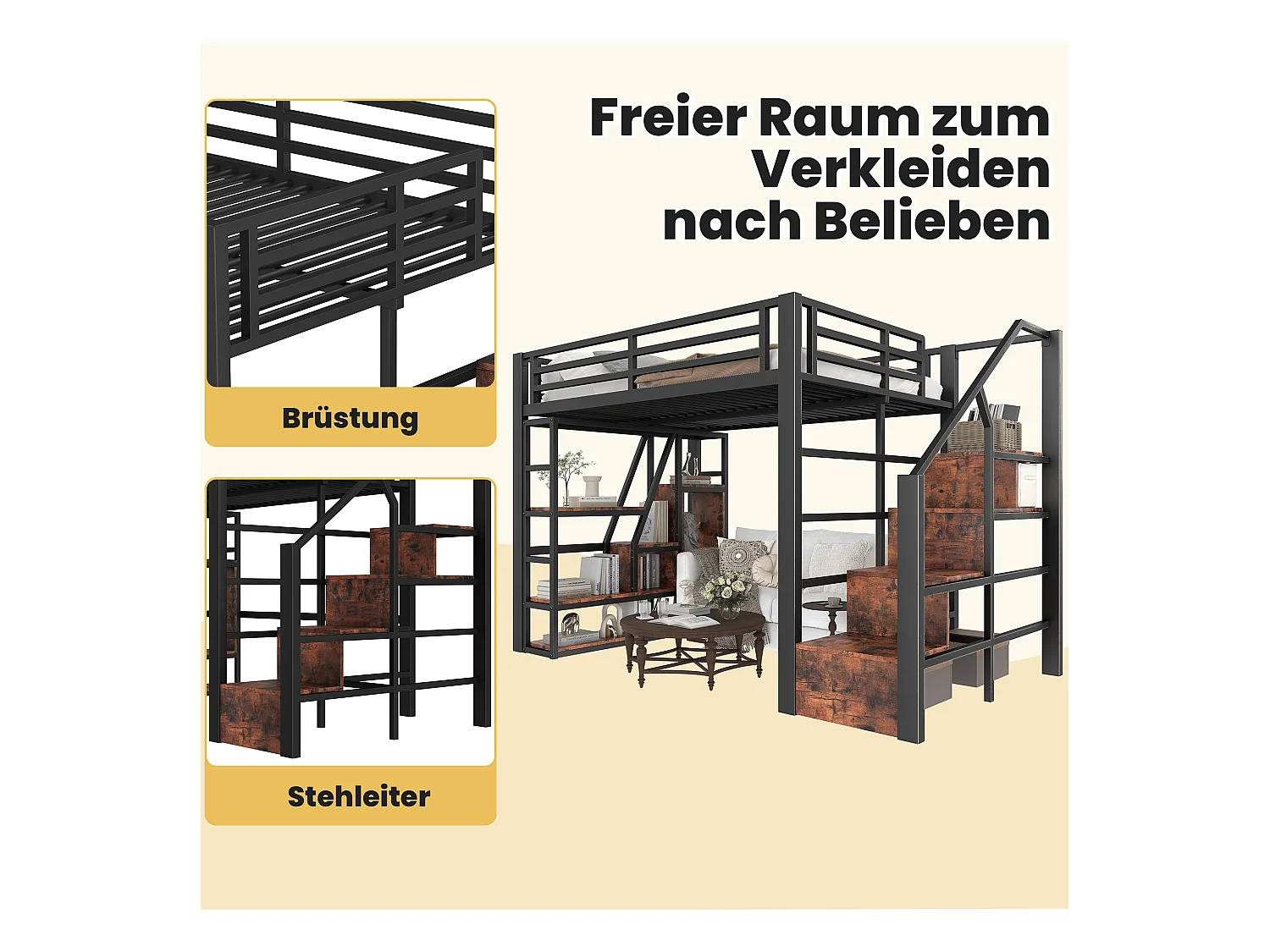 Lit mezzanine en métal - 140 x 200 cm - avec étagère de rangement + échelle + Leds - MDF + métal - noir