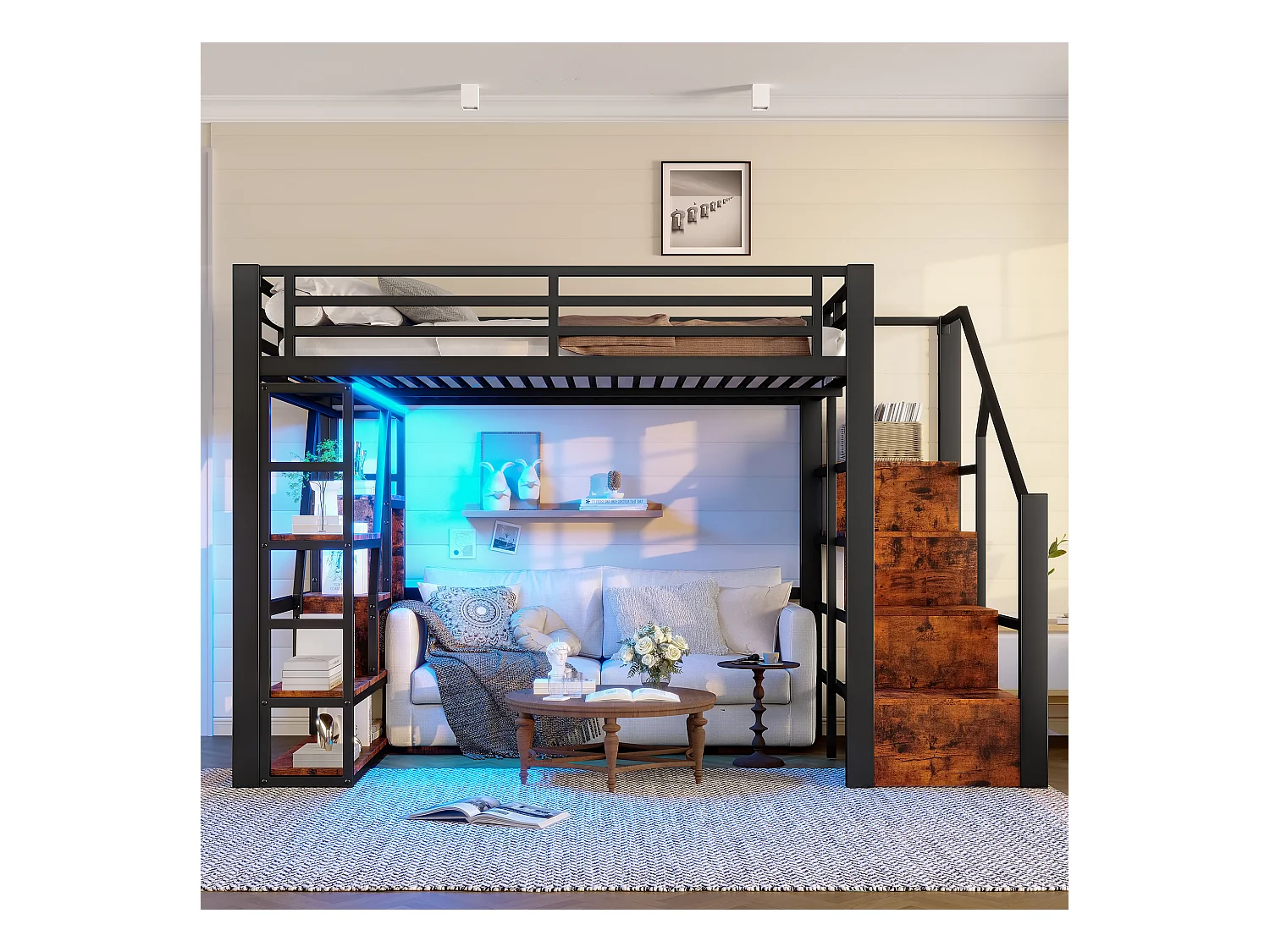 Lit mezzanine en métal - 140 x 200 cm - avec étagère de rangement + échelle + Leds - MDF + métal - noir