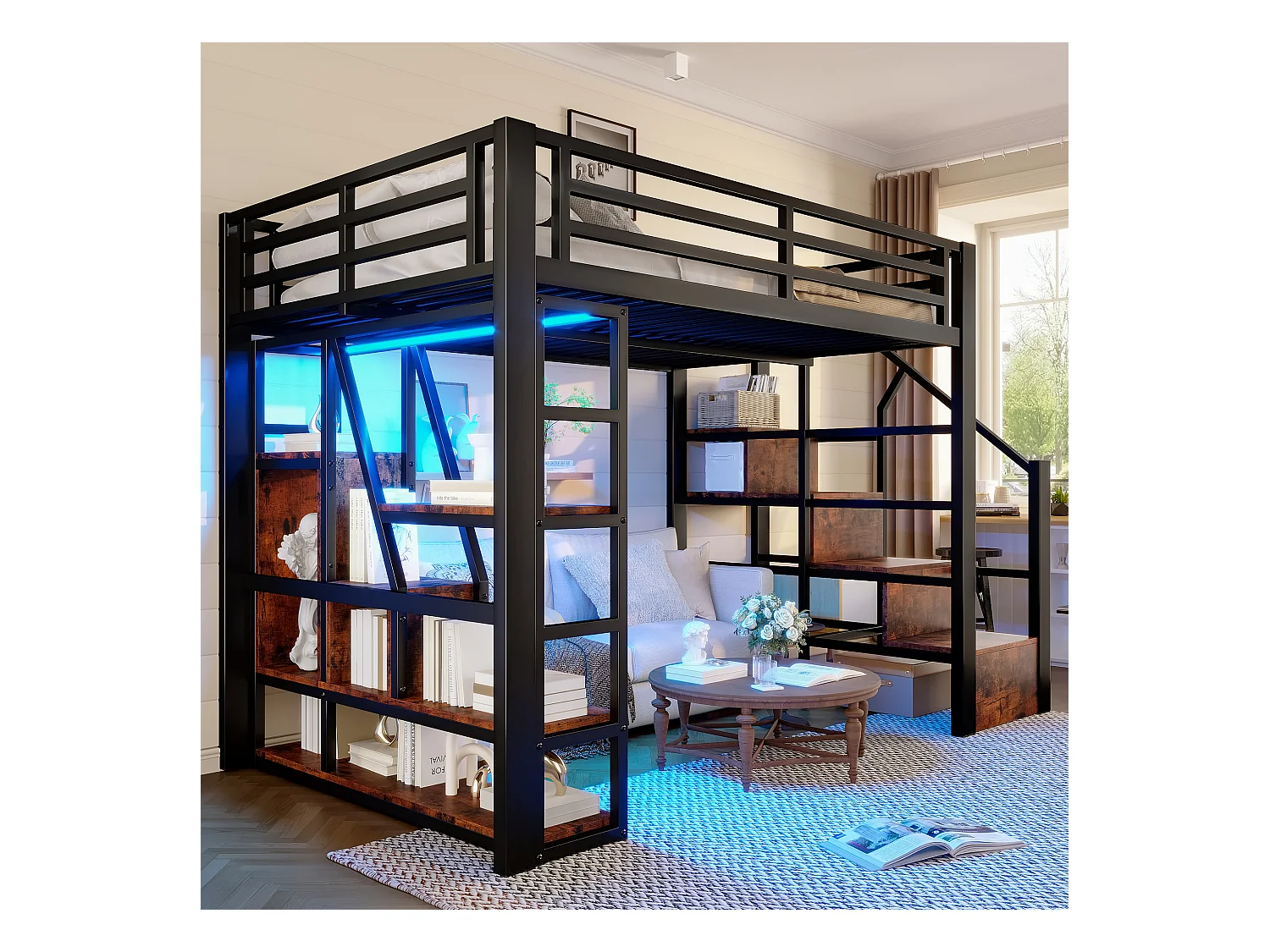 Lit mezzanine en métal - 140 x 200 cm - avec étagère de rangement + échelle + Leds - MDF + métal - noir