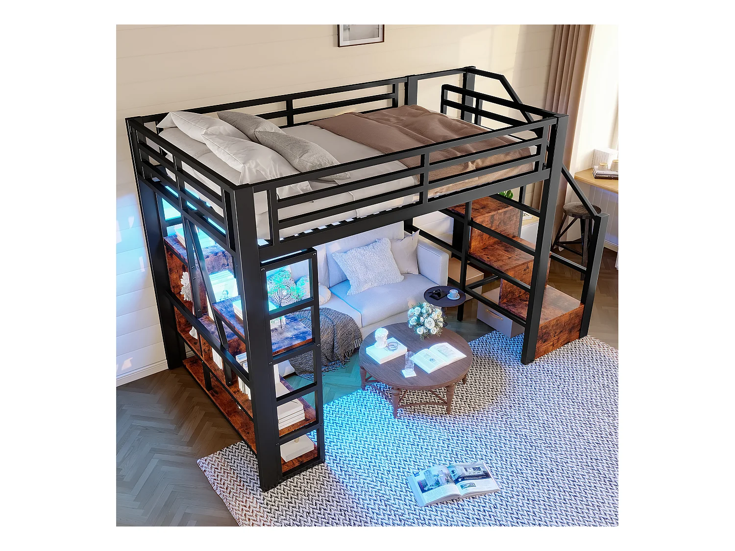 Lit mezzanine en métal - 140 x 200 cm - avec étagère de rangement + échelle + Leds - MDF + métal - noir