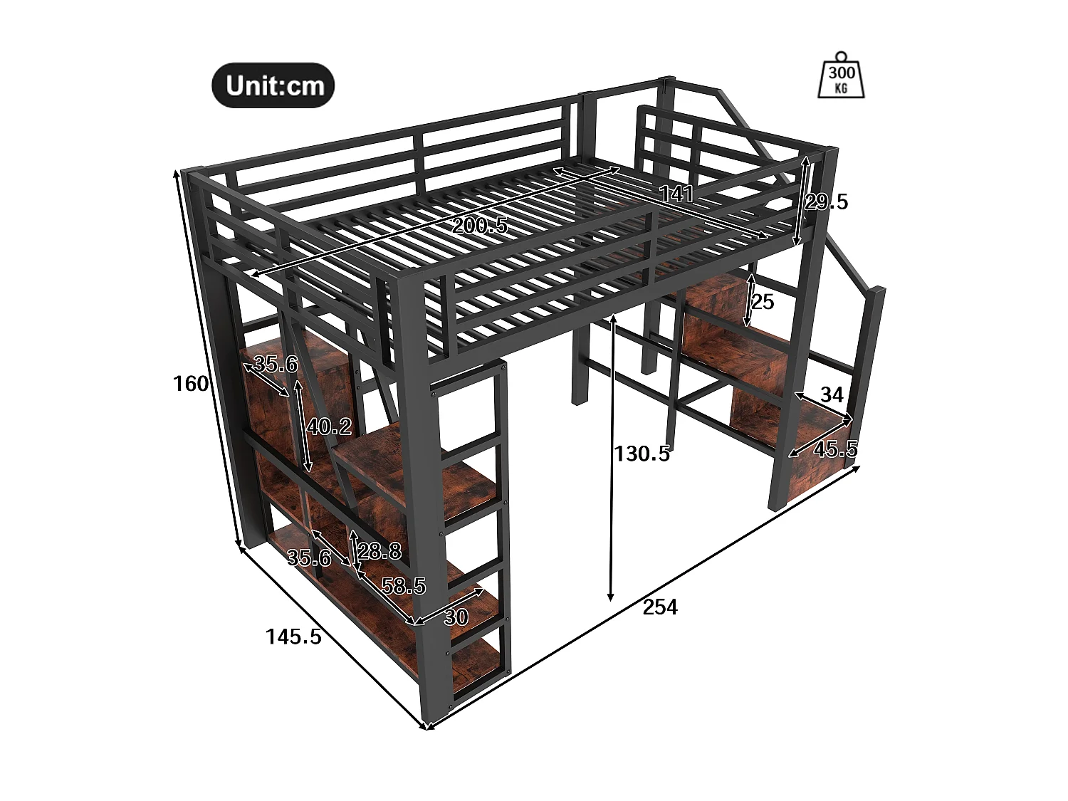 Lit mezzanine en métal - 140 x 200 cm - avec étagère de rangement + échelle + Leds - MDF + métal - noir