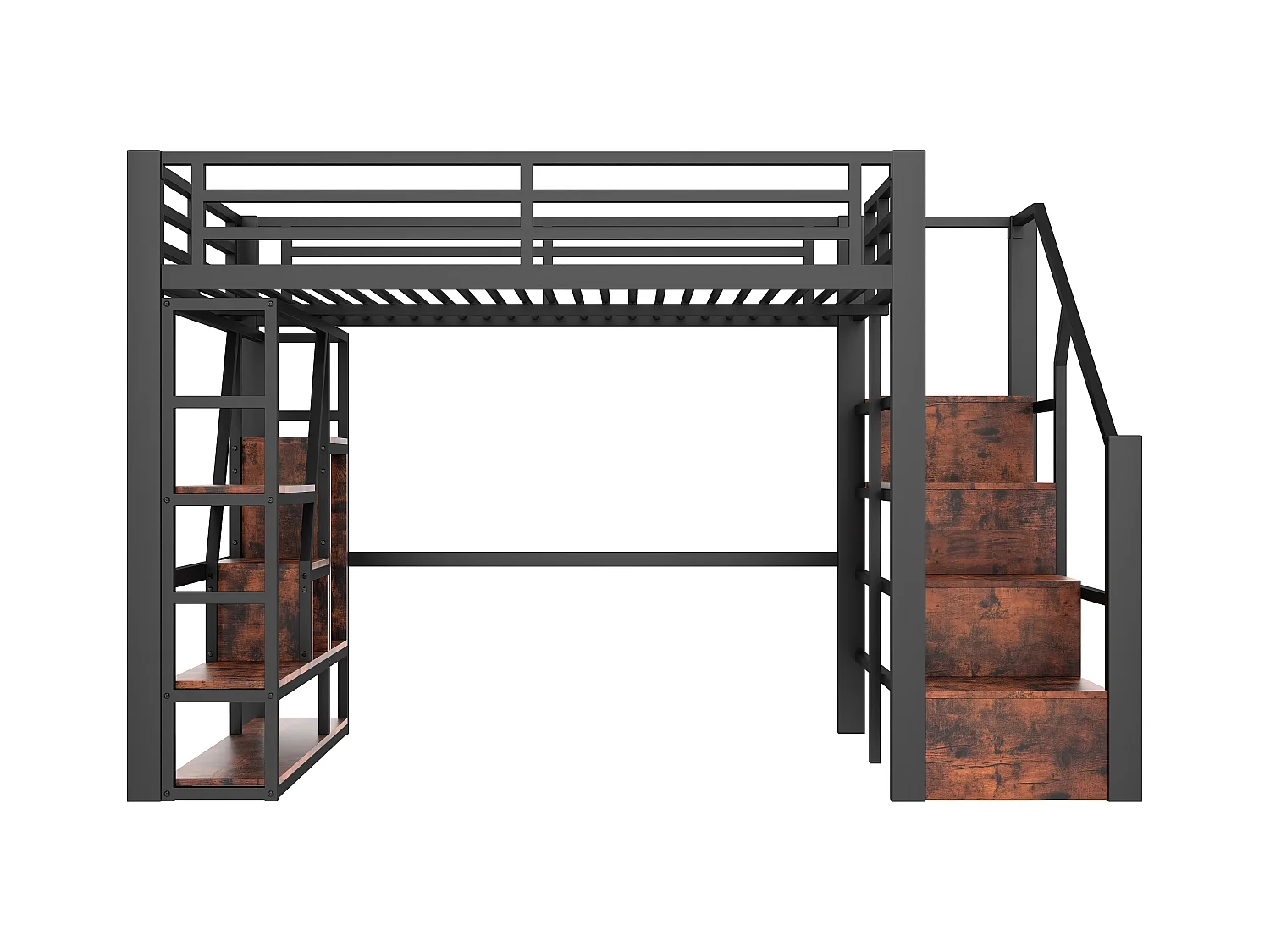 Lit mezzanine en métal - 140 x 200 cm - avec étagère de rangement + échelle + Leds - MDF + métal - noir