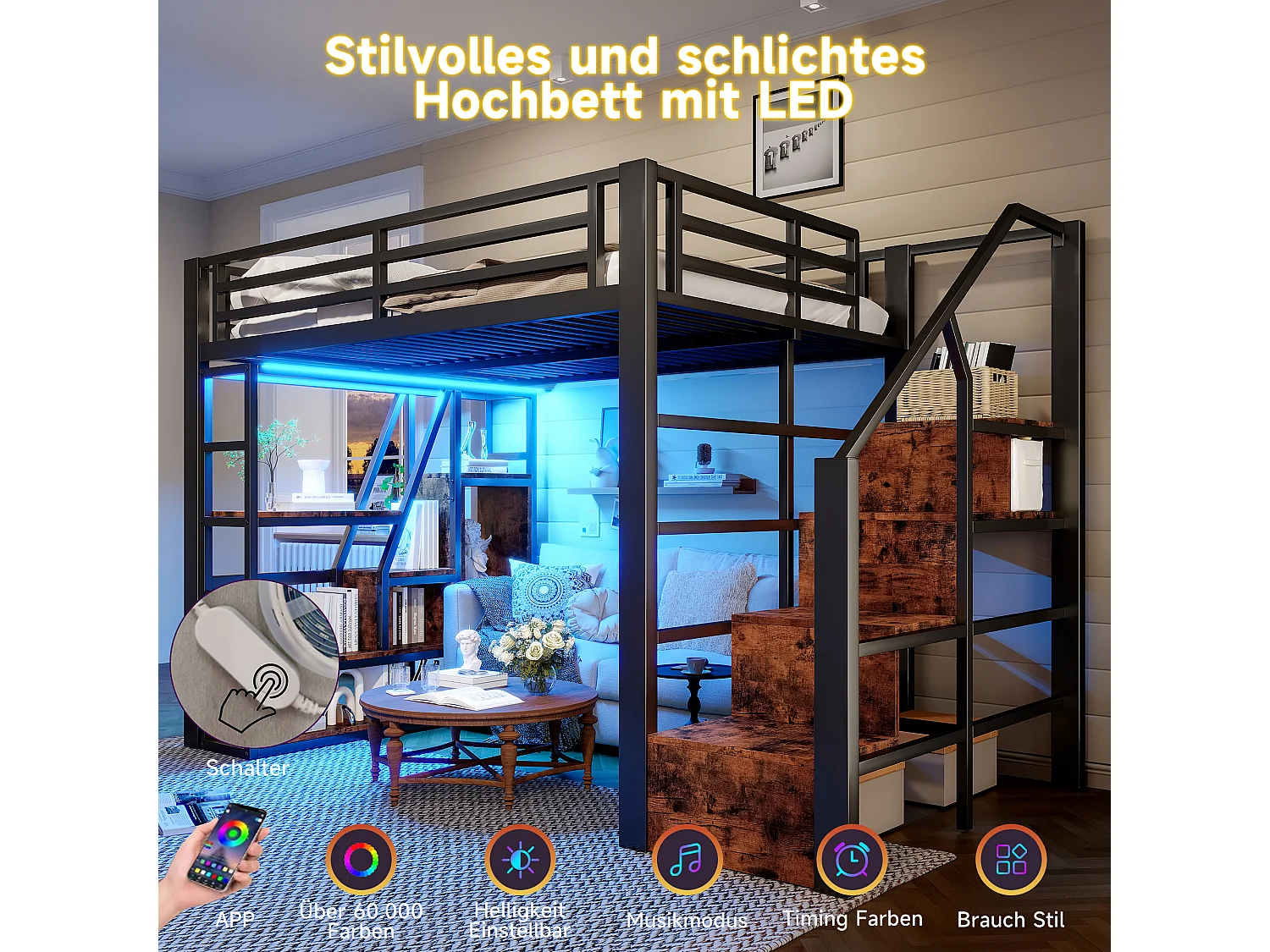 Lit mezzanine en métal - 140 x 200 cm - avec étagère de rangement + échelle + Leds - MDF + métal - noir