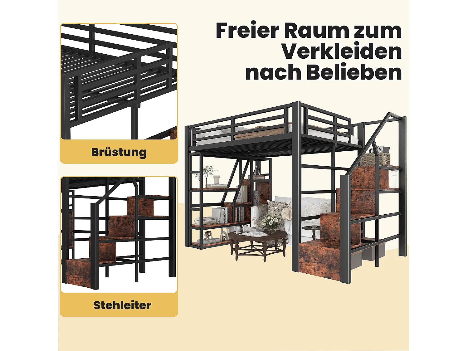 Lit mezzanine en métal - 140 x 200 cm - avec étagère de rangement + échelle + Leds - MDF + métal - noir