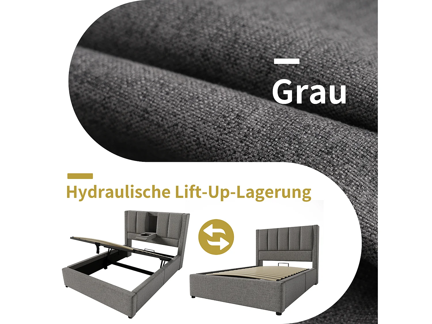 Lit coffre rembourré simple - 90 x 200 cm - avec porte-gobelet caché et station de charge - lin - gris