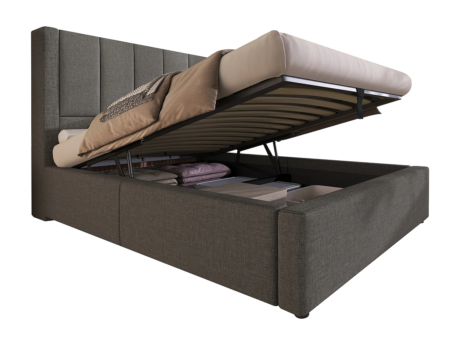 Lit coffre rembourré simple - 90 x 200 cm - avec porte-gobelet caché et station de charge - lin - gris