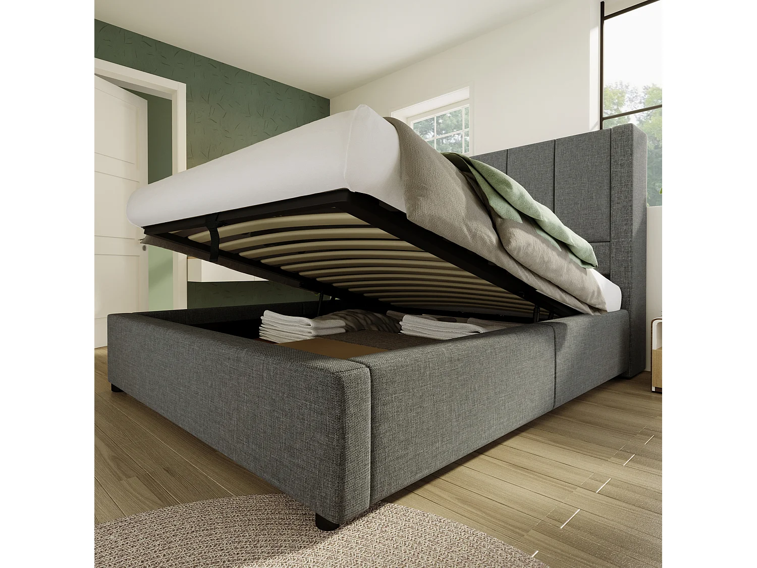 Lit coffre rembourré simple - 90 x 200 cm - avec porte-gobelet caché et station de charge - lin - gris