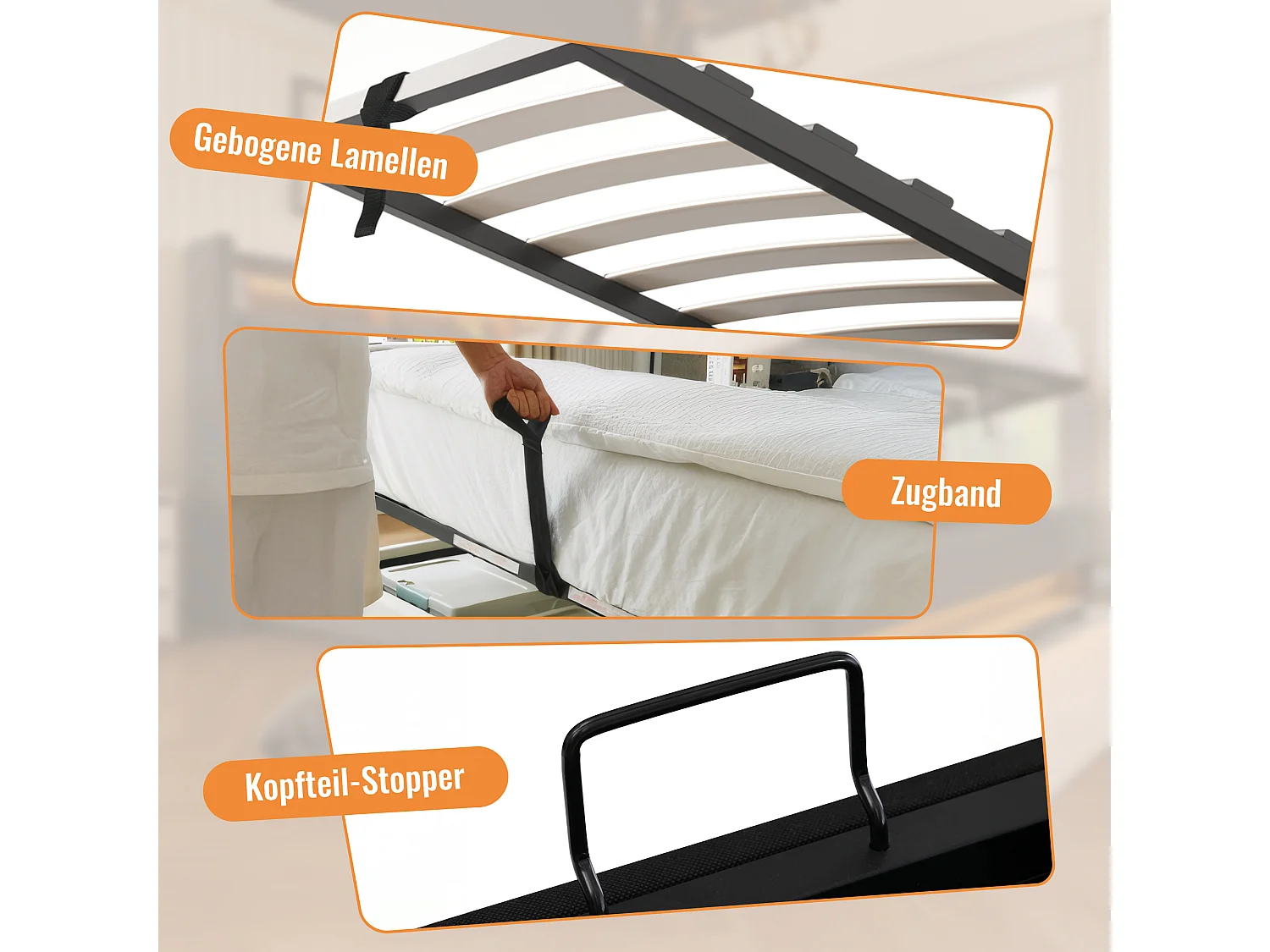 Gepolstertes Einzelbett mit Stauraum – 90 x 200 cm – mit verstecktem Getränkehalter und Ladestation – Leinen – grau