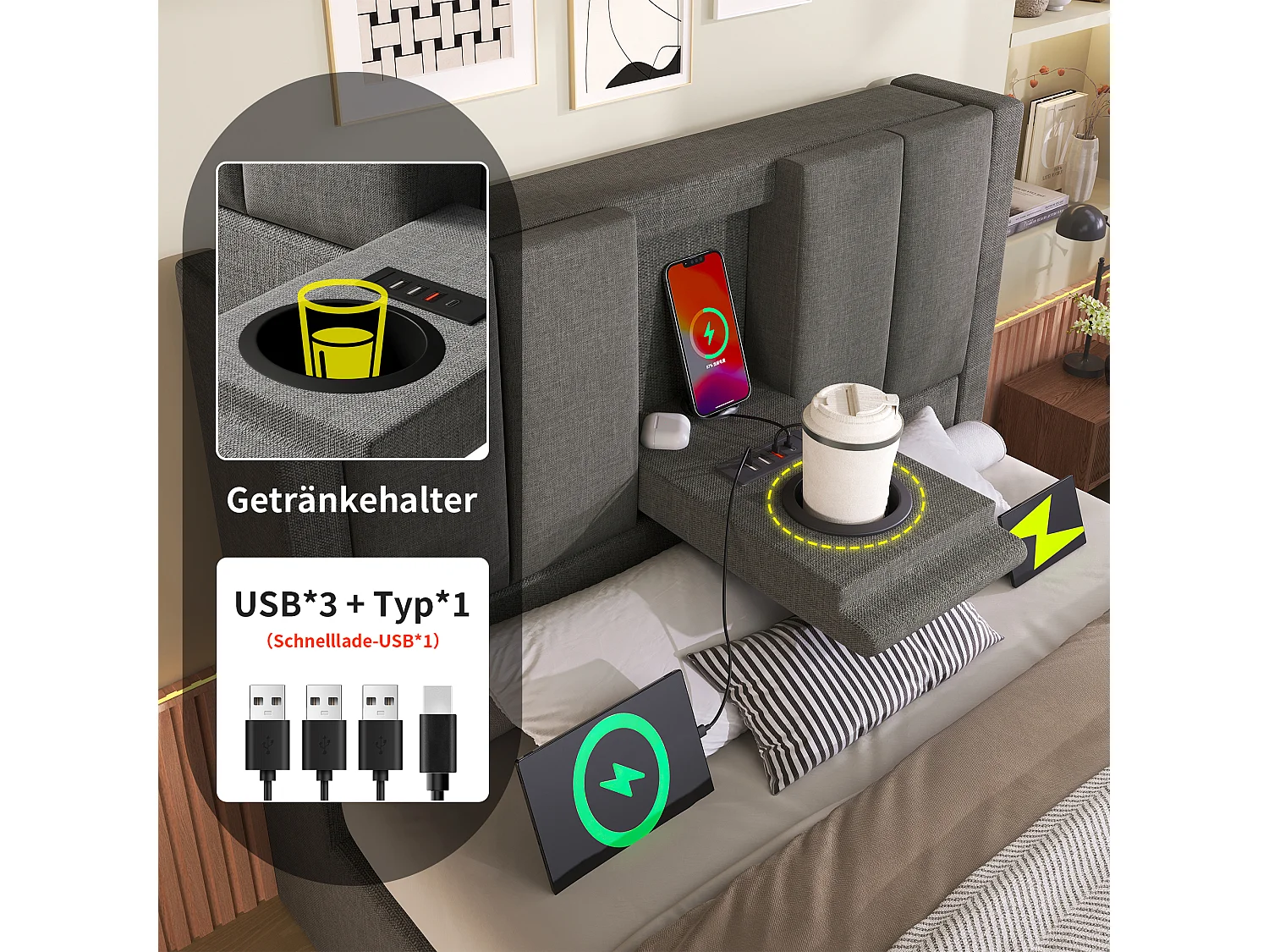 Gepolstertes Einzelbett mit Stauraum – 90 x 200 cm – mit verstecktem Getränkehalter und Ladestation – Leinen – grau