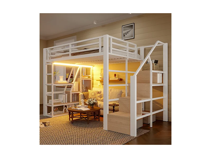 Lit mezzanine en métal - 140 x 200 cm - avec étagère de rangement + échelle + Leds - MDF + métal - blanc