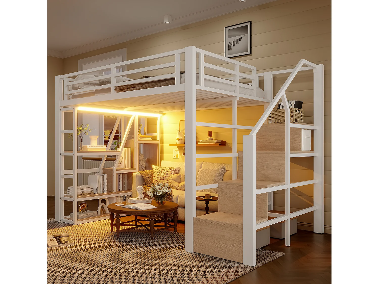 Lit mezzanine en métal - 140 x 200 cm - avec étagère de rangement + échelle + Leds - MDF + métal - blanc