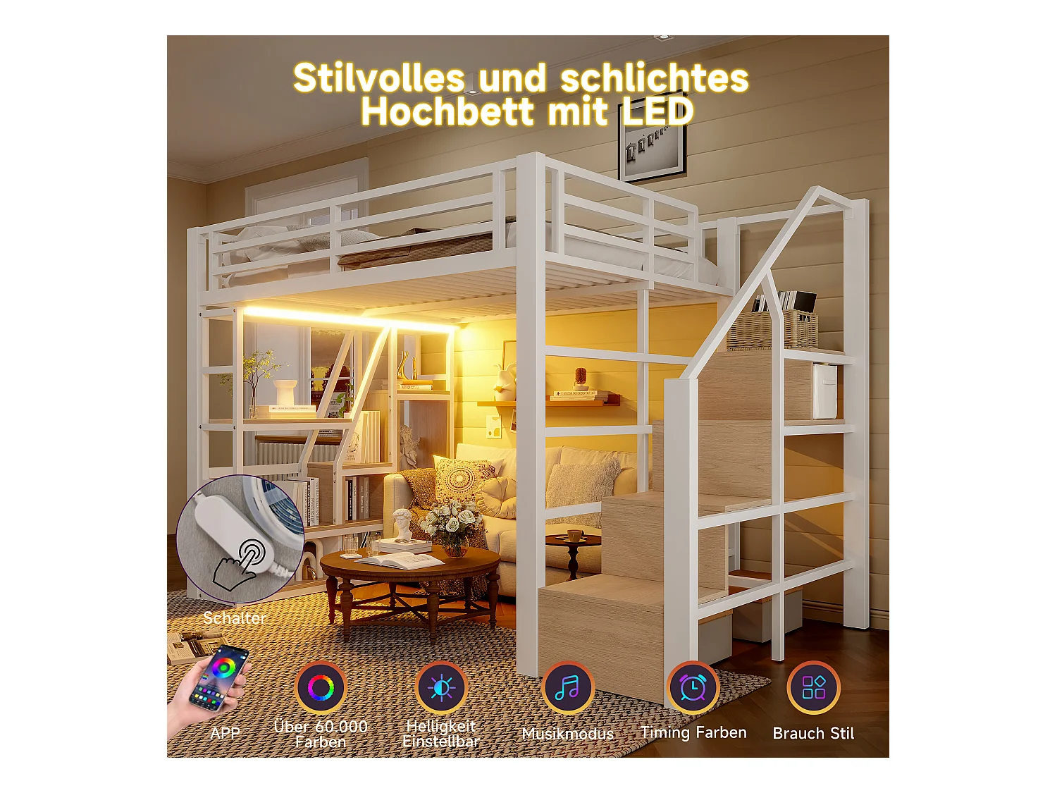 Lit mezzanine en métal - 140 x 200 cm - avec étagère de rangement + échelle + Leds - MDF + métal - blanc