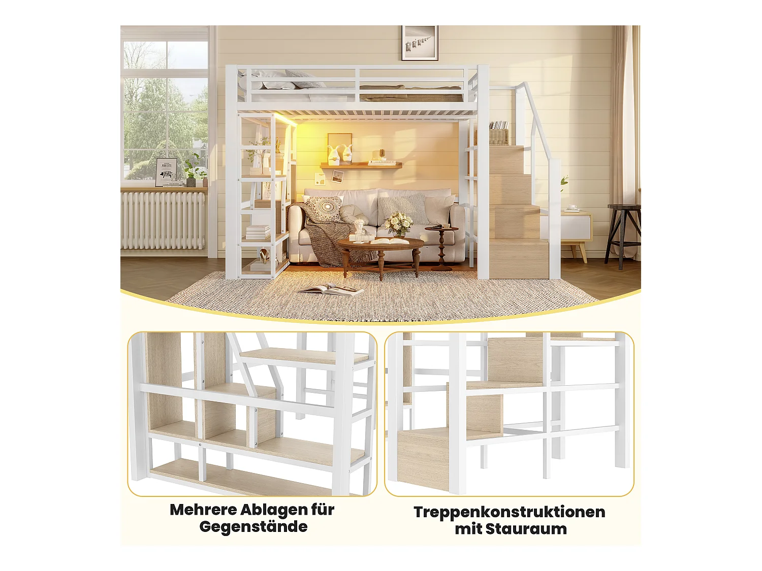 Lit mezzanine en métal - 140 x 200 cm - avec étagère de rangement + échelle + Leds - MDF + métal - blanc