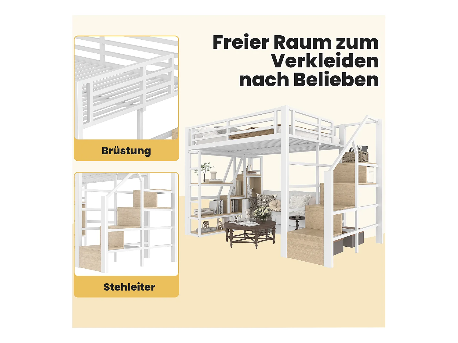 Lit mezzanine en métal - 140 x 200 cm - avec étagère de rangement + échelle + Leds - MDF + métal - blanc