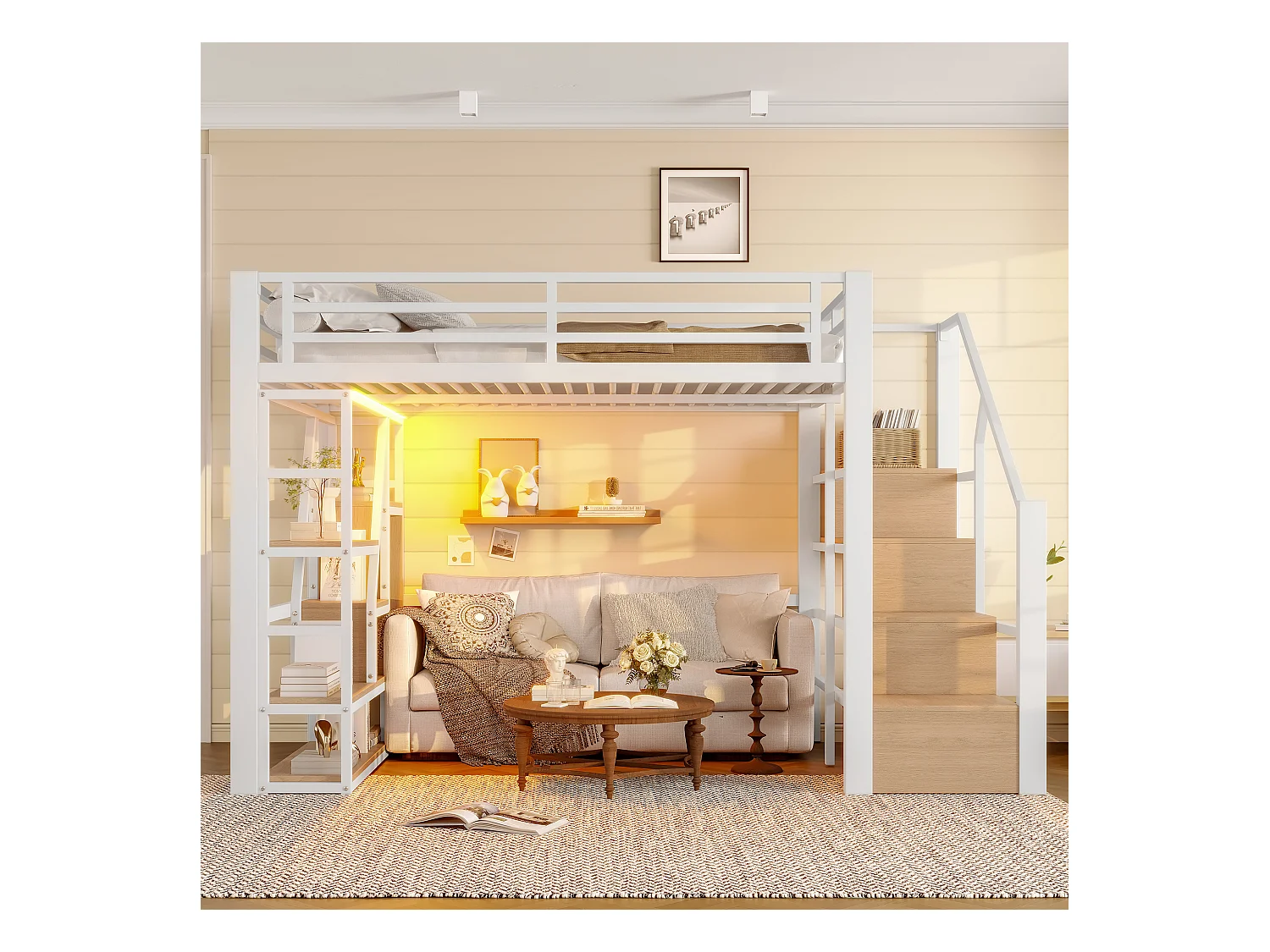 Lit mezzanine en métal - 140 x 200 cm - avec étagère de rangement + échelle + Leds - MDF + métal - blanc