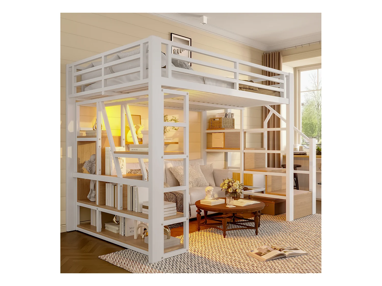 Lit mezzanine en métal - 140 x 200 cm - avec étagère de rangement + échelle + Leds - MDF + métal - blanc