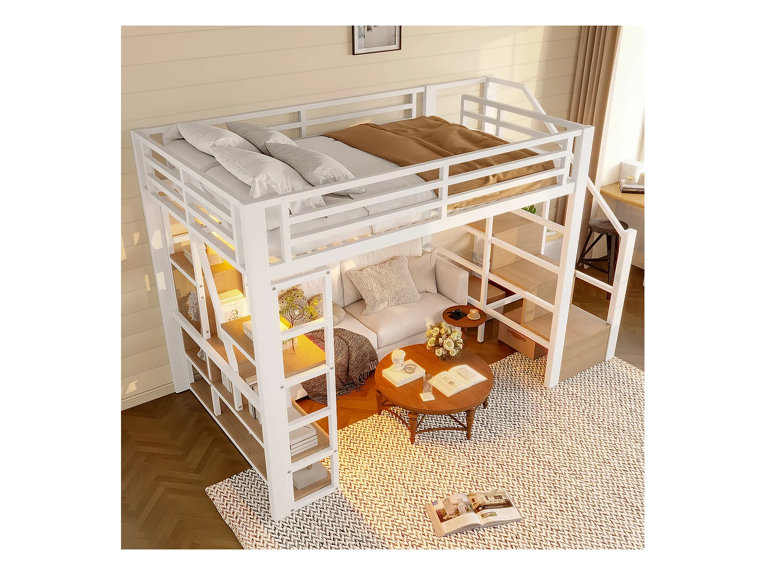 Lit mezzanine en métal - 140 x 200 cm - avec étagère de rangement + échelle + Leds - MDF + métal - blanc