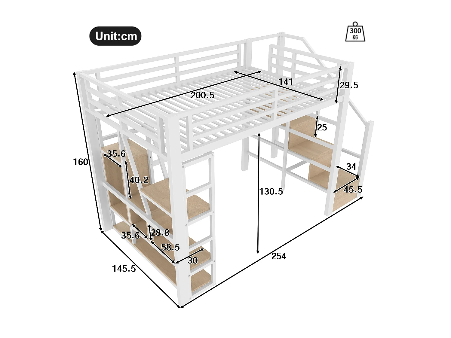 Lit mezzanine en métal - 140 x 200 cm - avec étagère de rangement + échelle + Leds - MDF + métal - blanc