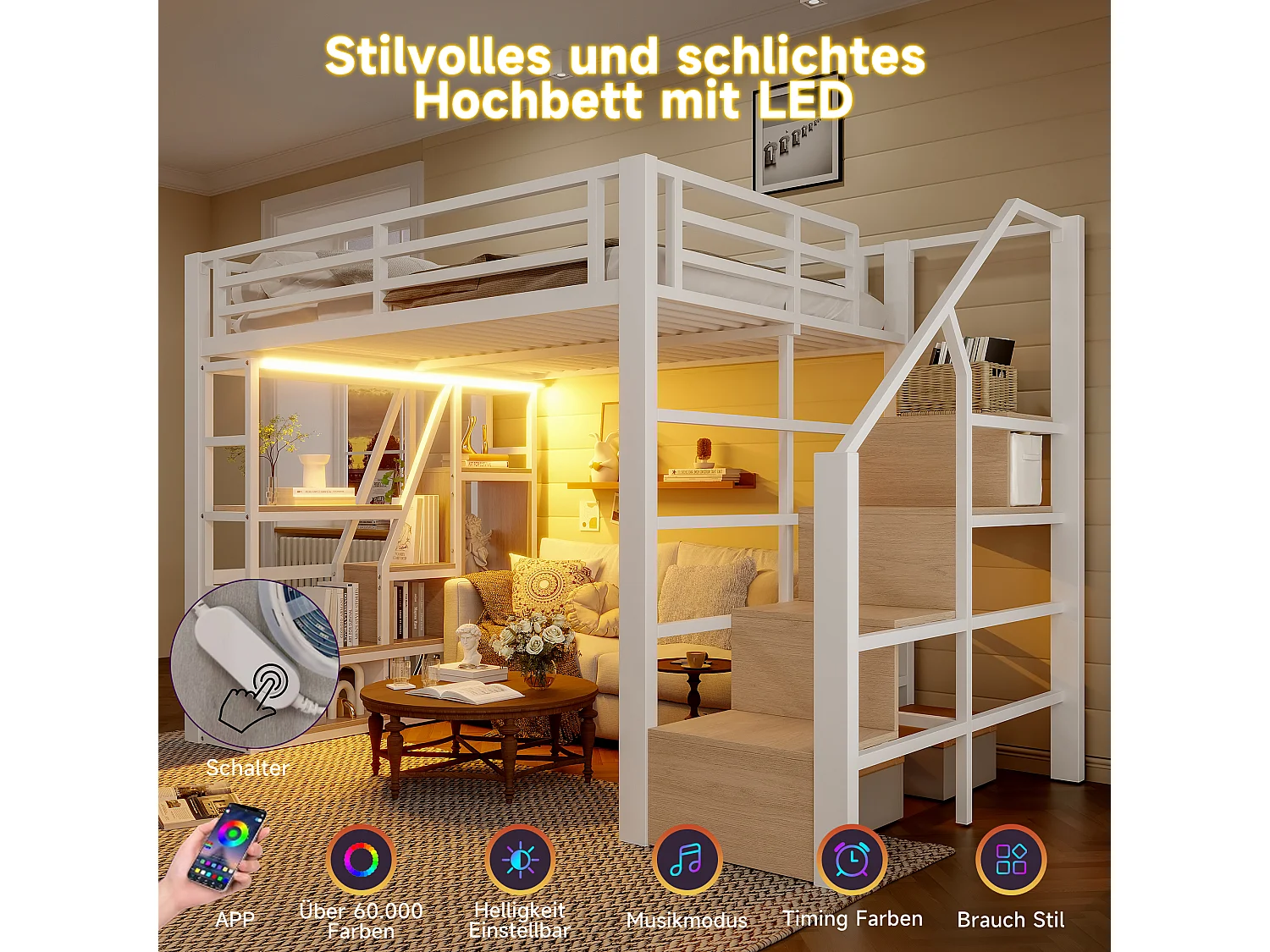 Lit mezzanine en métal - 140 x 200 cm - avec étagère de rangement + échelle + Leds - MDF + métal - blanc