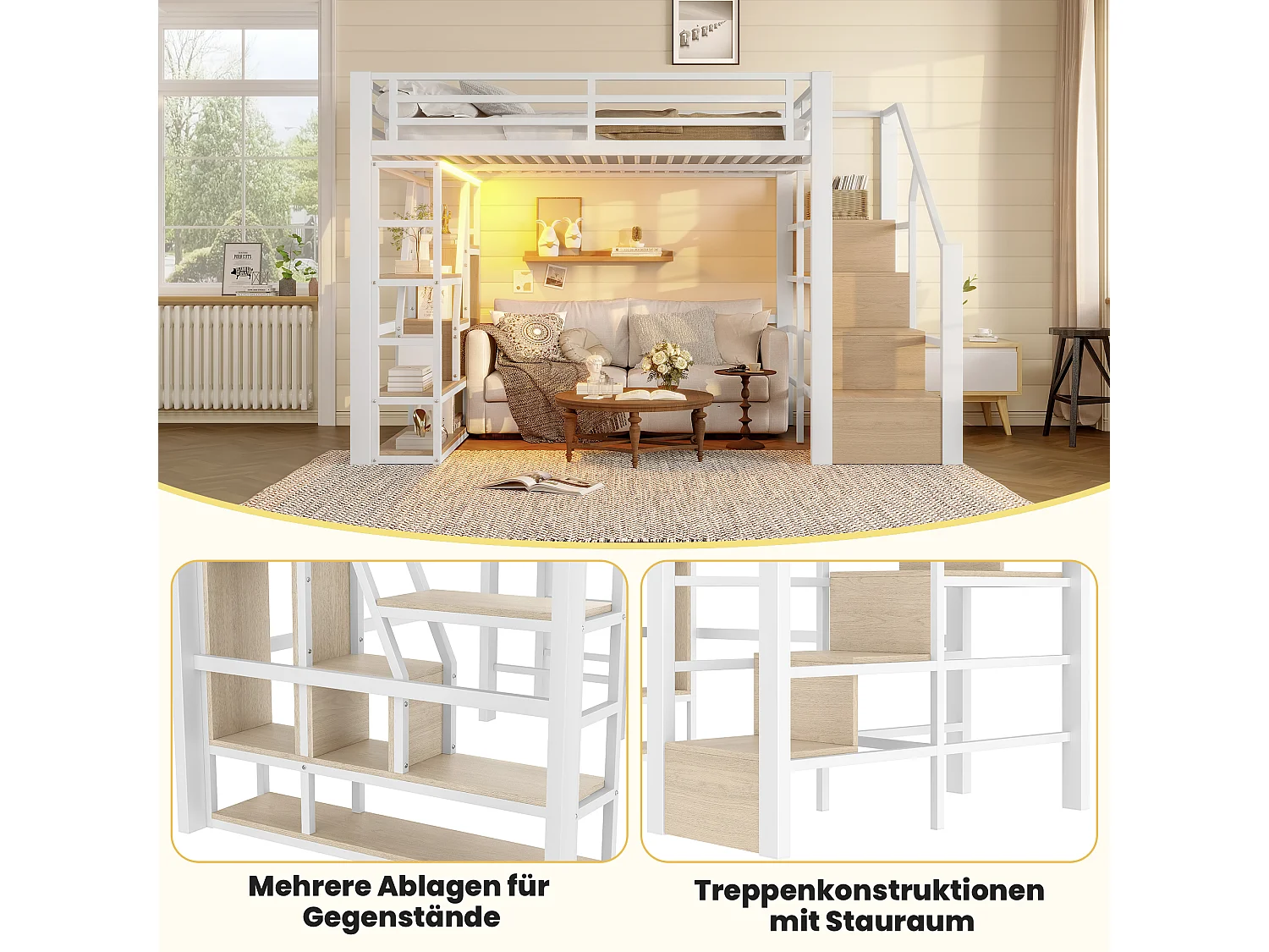 Lit mezzanine en métal - 140 x 200 cm - avec étagère de rangement + échelle + Leds - MDF + métal - blanc