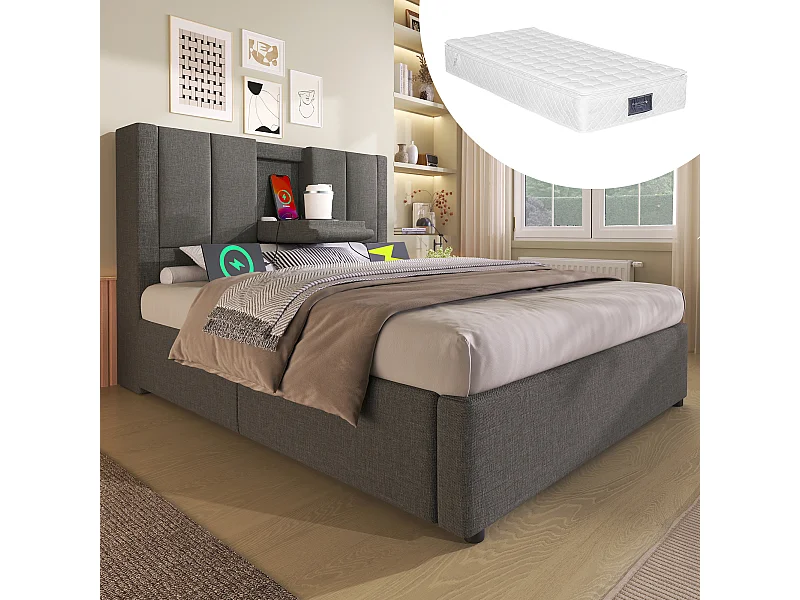 Lit coffre rembourré simple - 90 x 200 cm - avec porte-gobelet caché et station de charge - lin - gris(avec matelas)