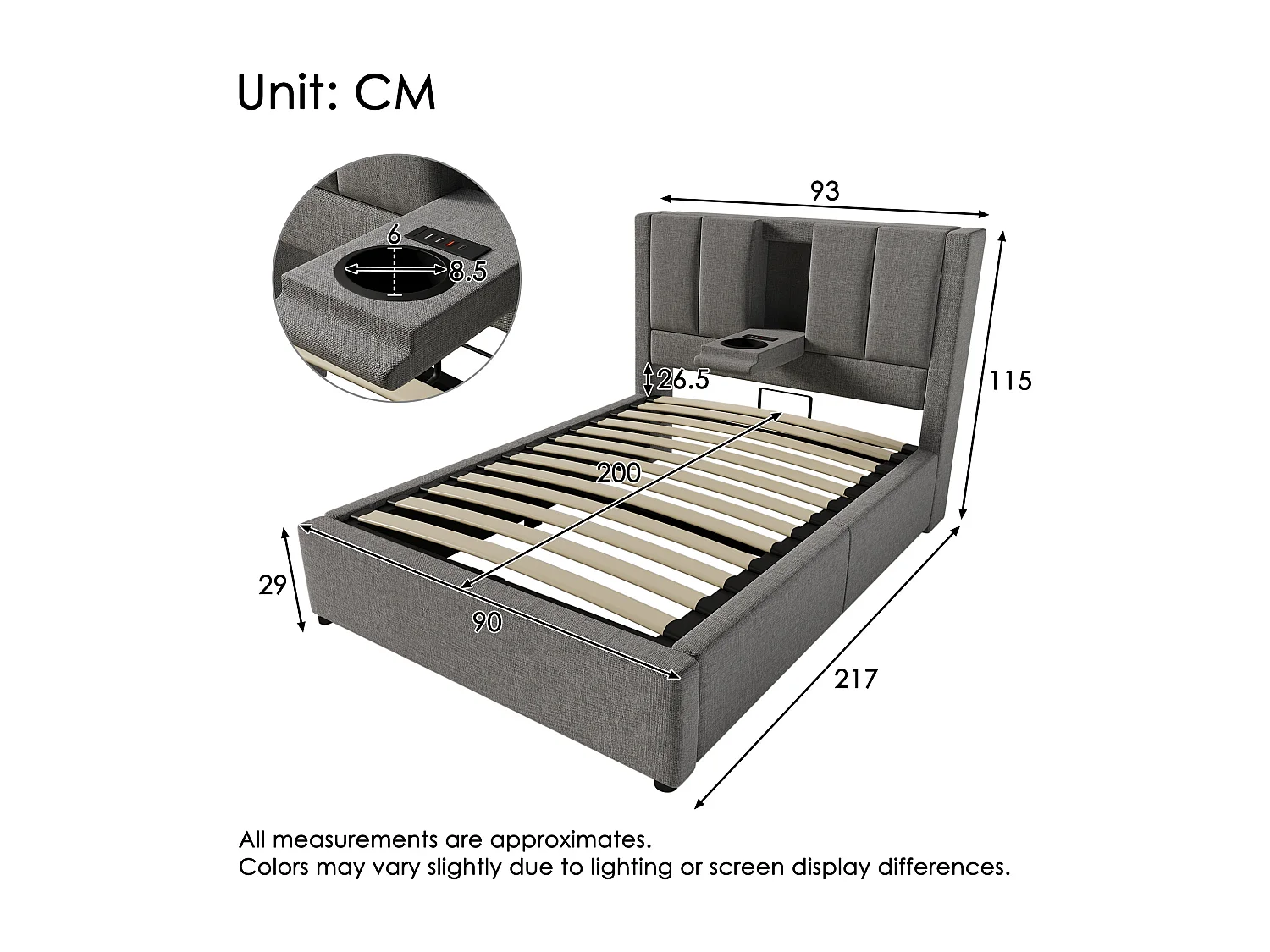 Lit coffre rembourré simple - 90 x 200 cm - avec porte-gobelet caché et station de charge - lin - gris(avec matelas)