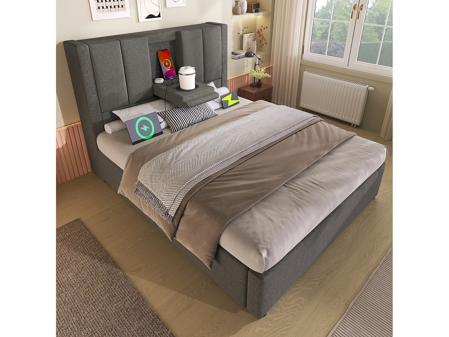 Cama individual tapizada con almacenaje - 90 x 200 cm - con portavasos oculto y estación de carga - lino - gris (con colchón)