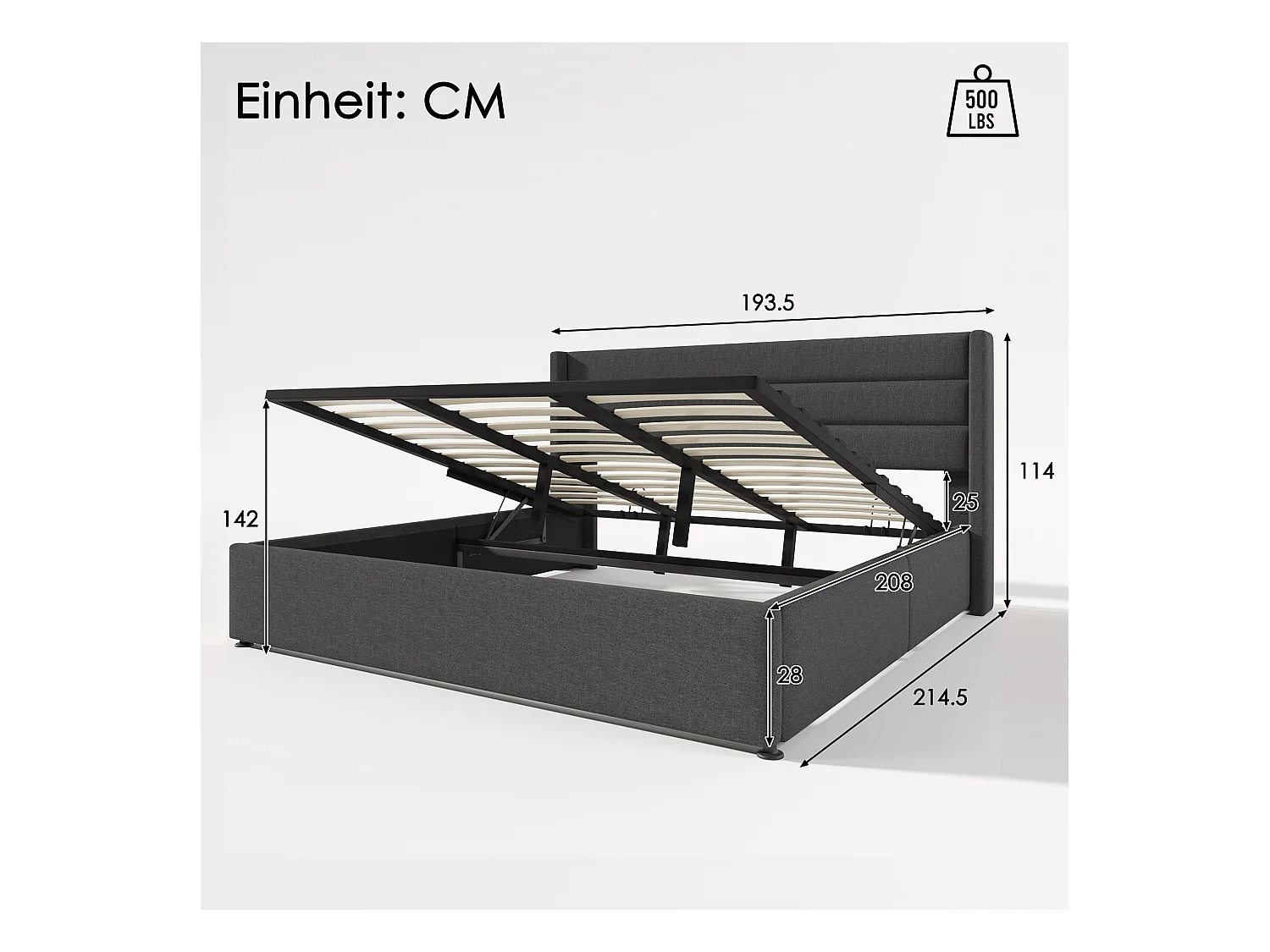 Lit coffre 180x200 cm - Lit double avec sommier à lattes en métal - lin gris