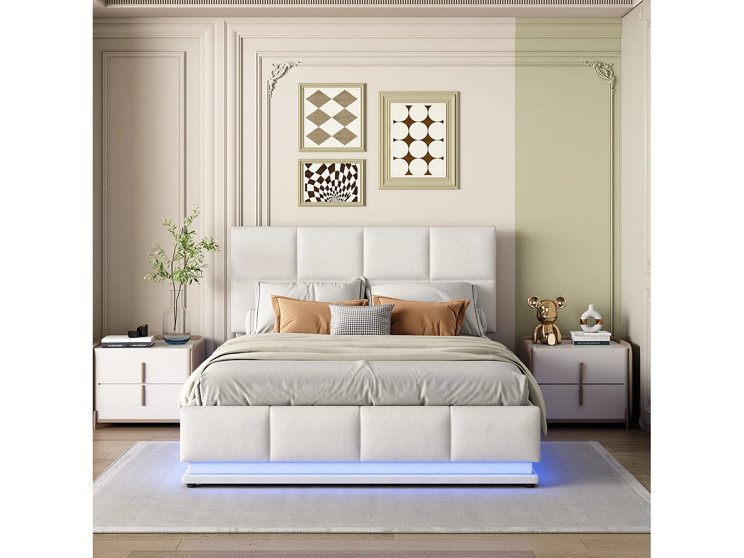 Gepolstertes Stauraumbett – 140 x 200 cm – mit LED-Beleuchtung und Lattenrost – MDF, Metall und Leder – weiß