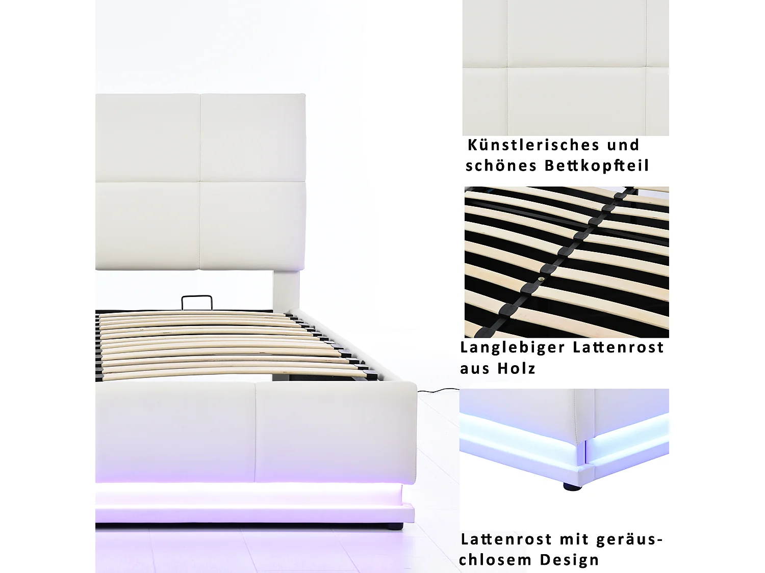 Gepolstertes Stauraumbett – 140 x 200 cm – mit LED-Beleuchtung und Lattenrost – MDF, Metall und Leder – weiß