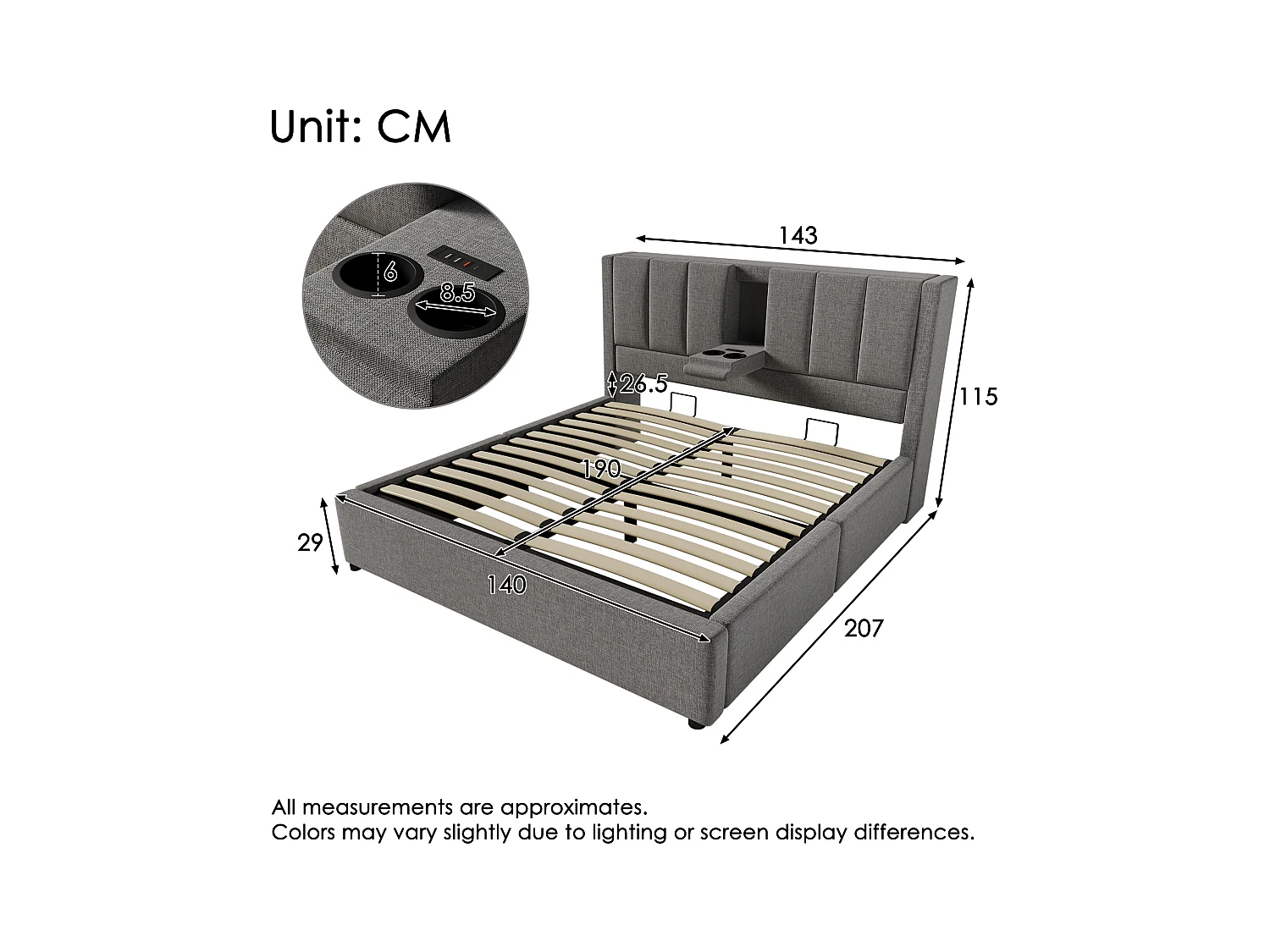 Gepolstertes Doppelbett mit Stauraum – 140 x 190 cm – mit verstecktem Getränkehalter und Ladestation – Leinen – grau