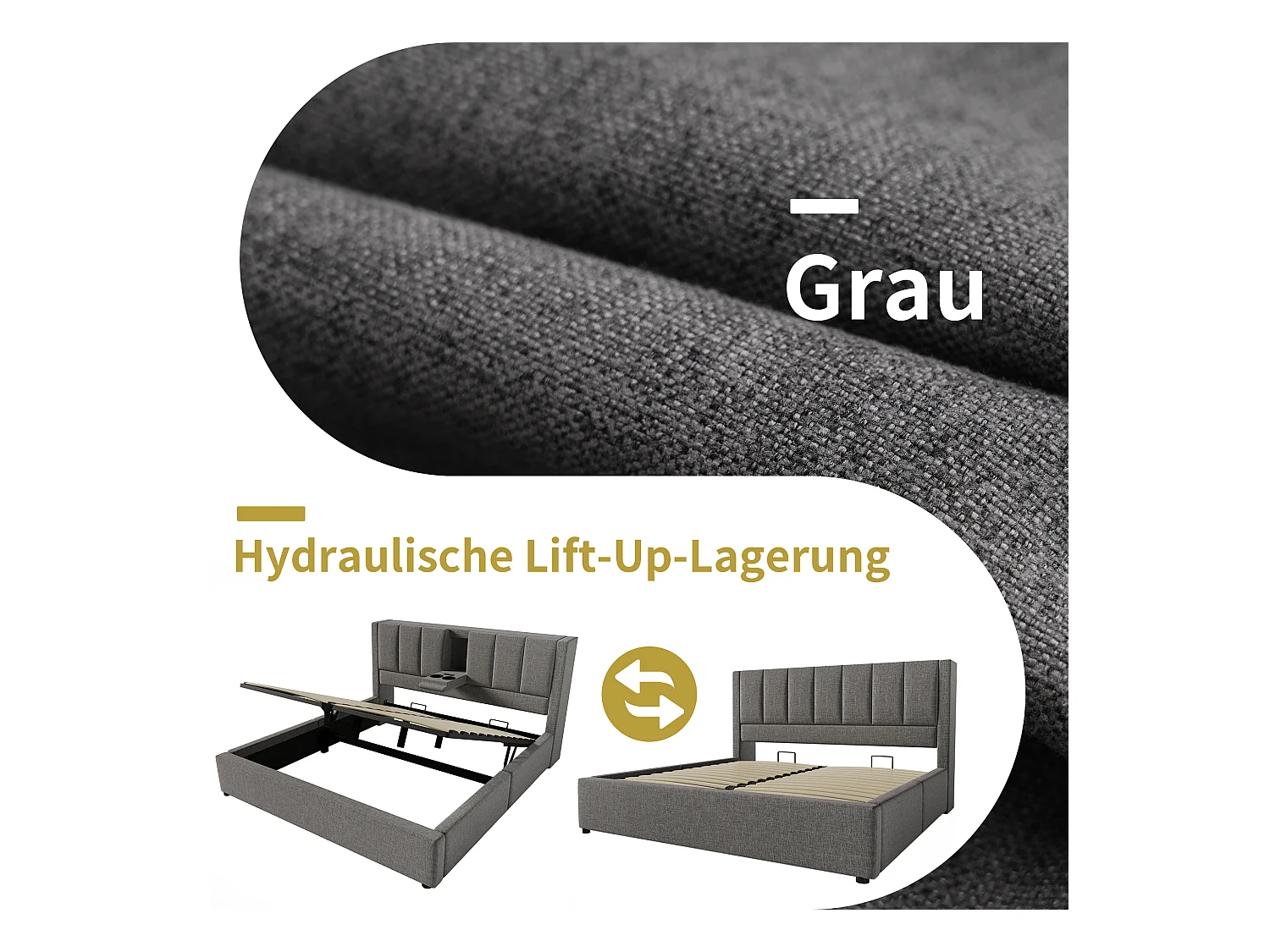 Gepolstertes Doppelbett mit Stauraum – 140 x 190 cm – mit verstecktem Getränkehalter und Ladestation – Leinen – grau