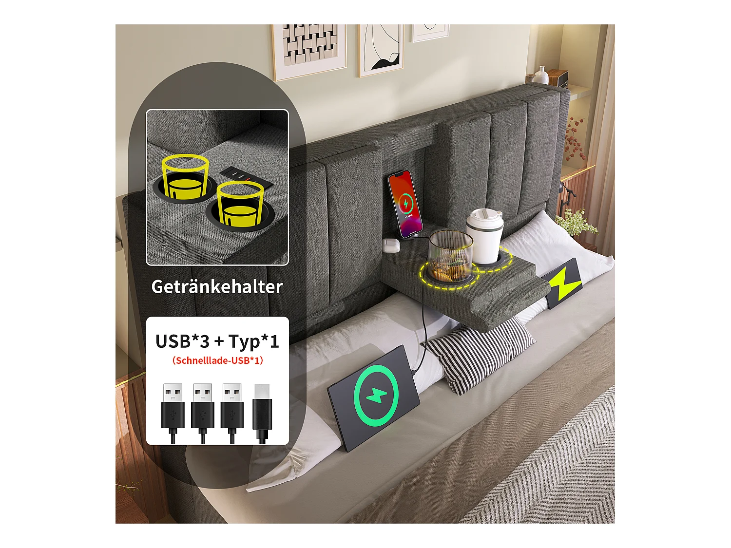 Gepolstertes Doppelbett mit Stauraum – 140 x 190 cm – mit verstecktem Getränkehalter und Ladestation – Leinen – grau
