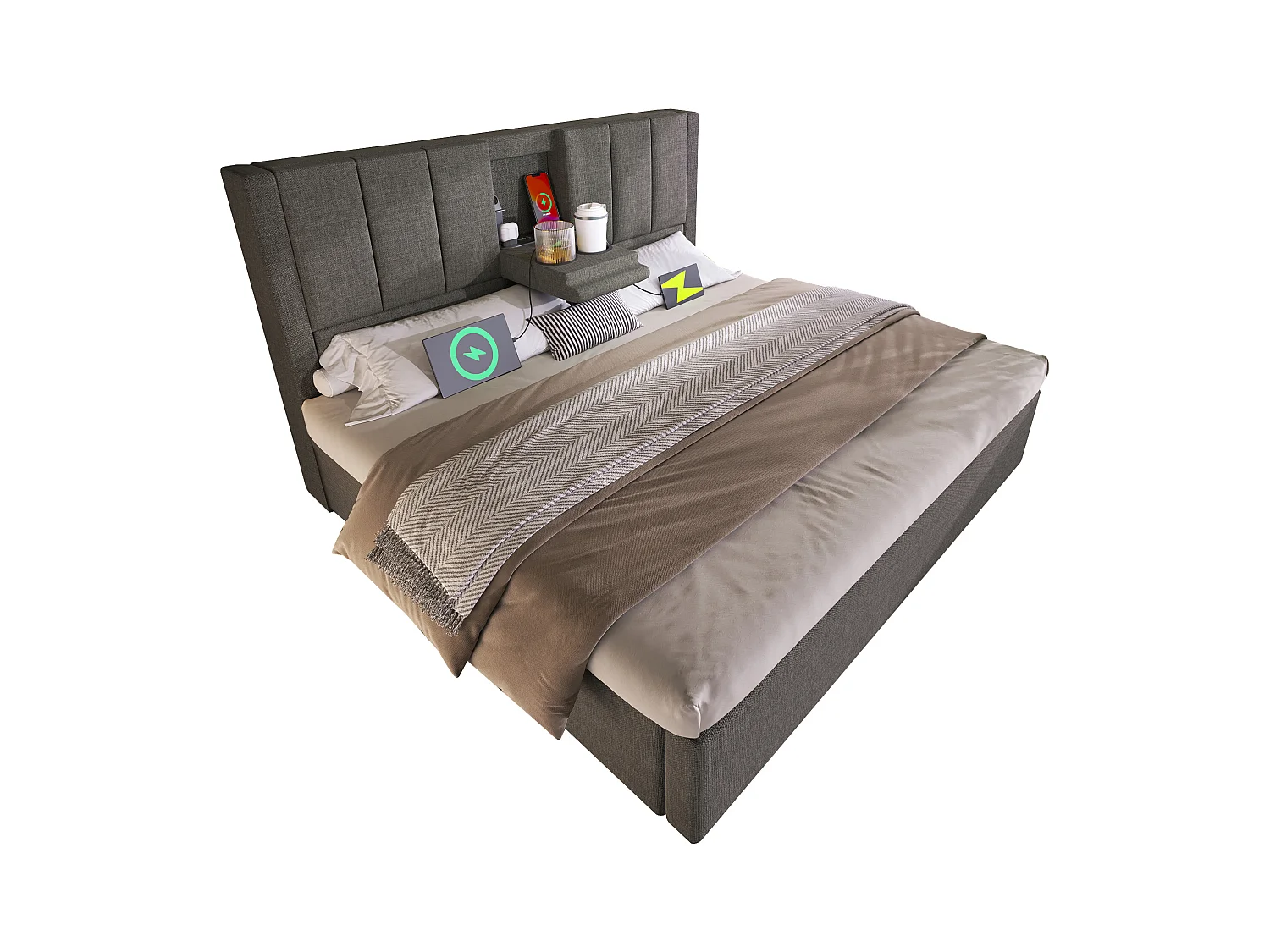 Gepolstertes Doppelbett mit Stauraum – 140 x 190 cm – mit verstecktem Getränkehalter und Ladestation – Leinen – grau