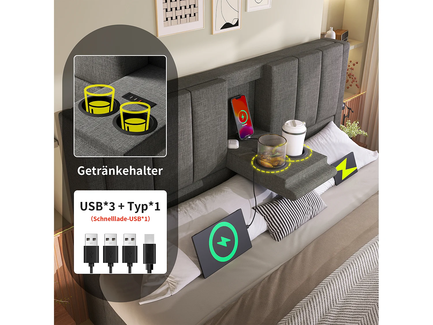 Gepolstertes Doppelbett mit Stauraum – 140 x 190 cm – mit verstecktem Getränkehalter und Ladestation – Leinen – grau
