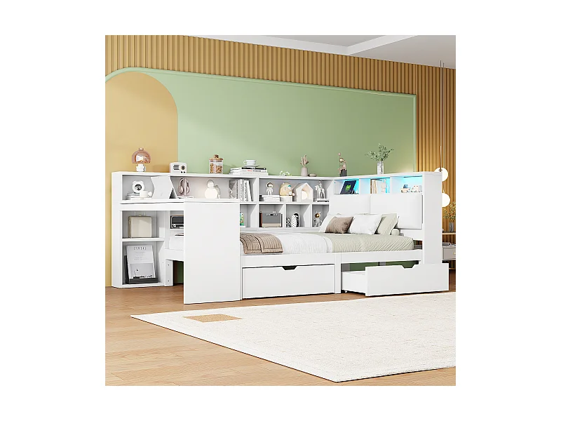 Canapé -lit avec bureau et bibliothèque - 140 x 200 cm - avec tête de lit capitonnée + 2 tiroirs + Leds - MDF - Blanc