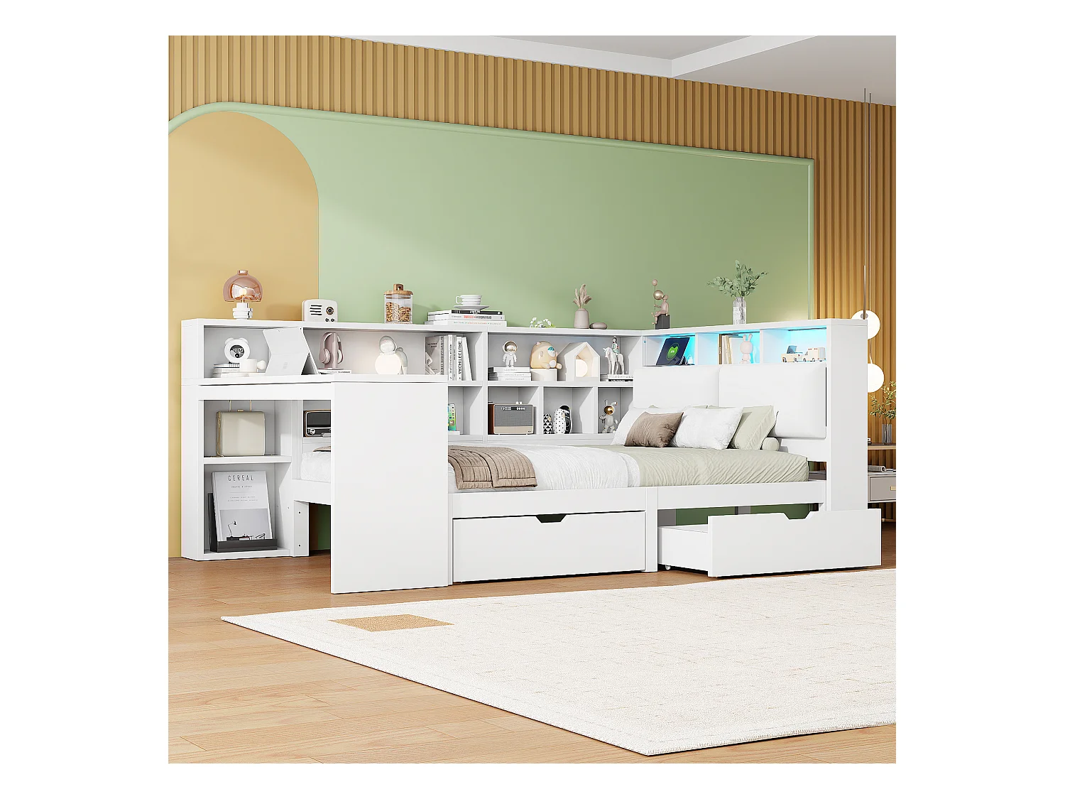 Canapé -lit avec bureau et bibliothèque - 140 x 200 cm - avec tête de lit capitonnée + 2 tiroirs + Leds - MDF - Blanc