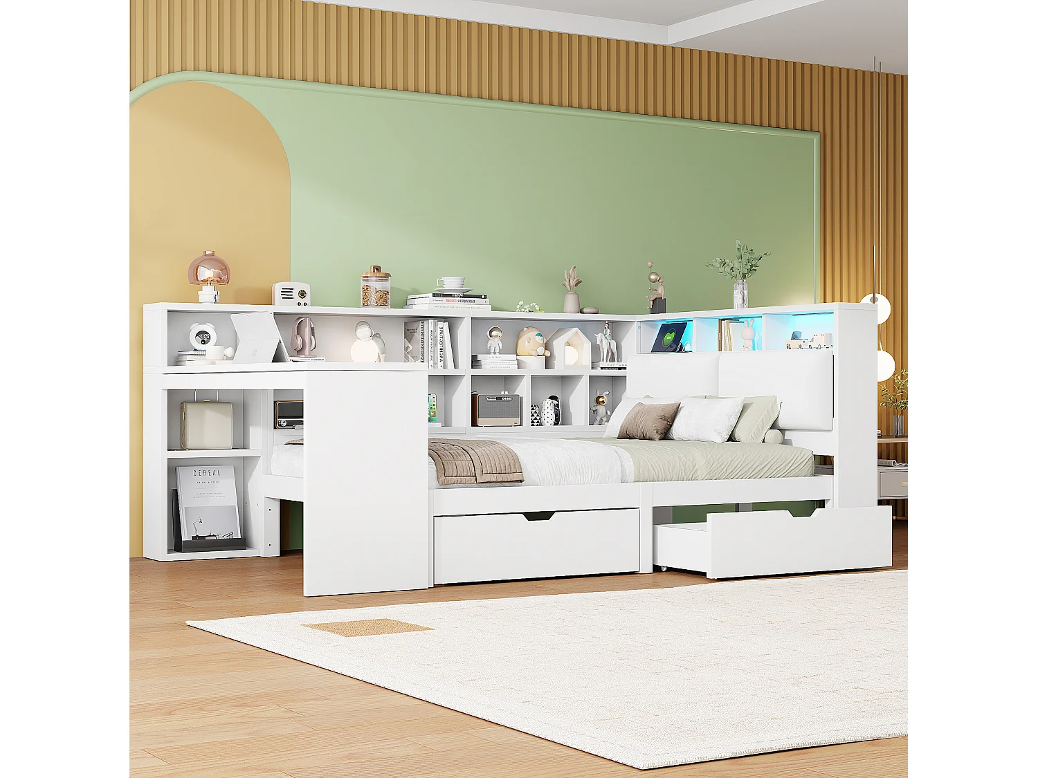 Beleuchtetes Sofa mit Schreibtisch und Bücherregal 140 x 200 cm mit beleuchtetem Kopfteil, 2 Schubladen und LEDs – MDF – Weiß