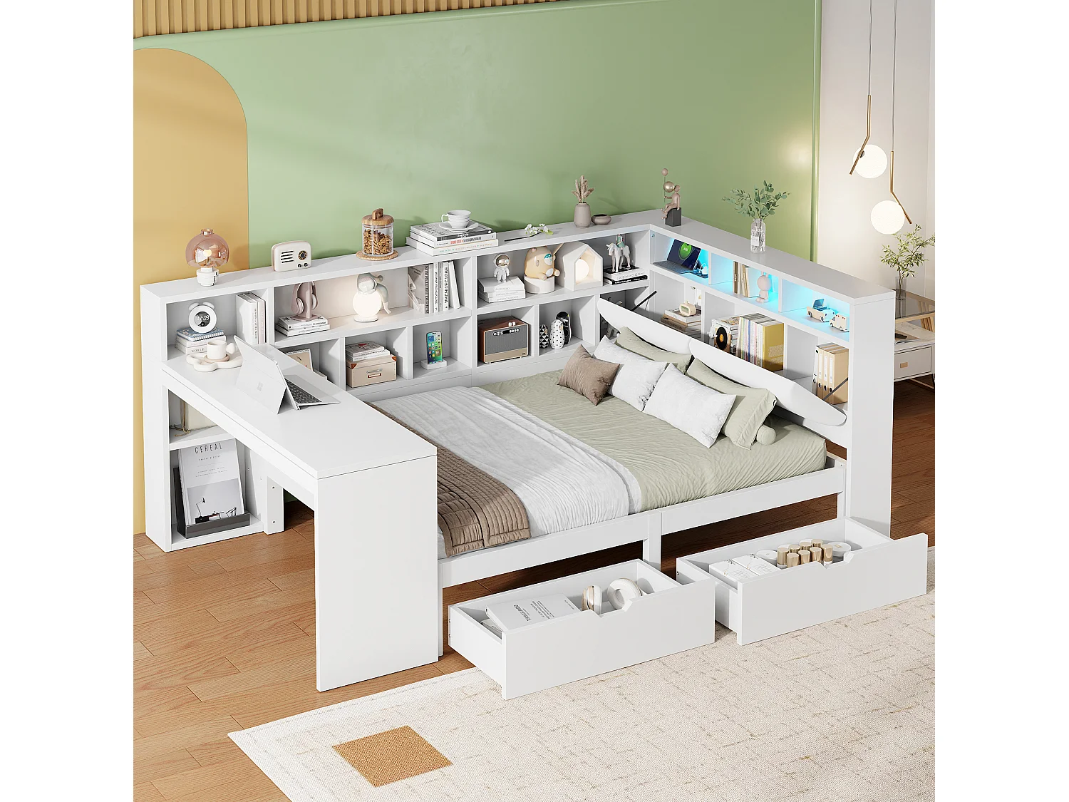 Beleuchtetes Sofa mit Schreibtisch und Bücherregal 140 x 200 cm mit beleuchtetem Kopfteil, 2 Schubladen und LEDs – MDF – Weiß