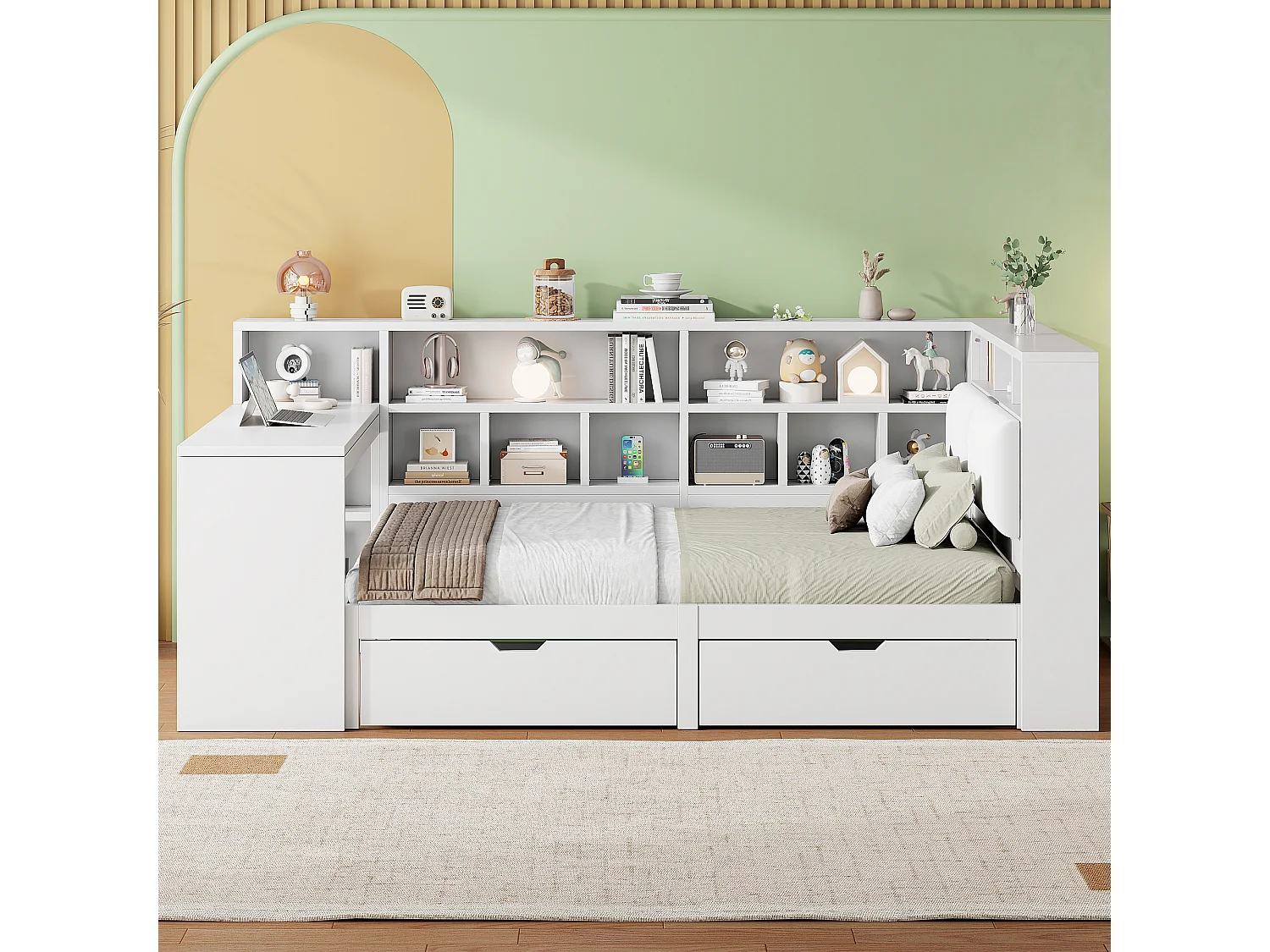 Beleuchtetes Sofa mit Schreibtisch und Bücherregal 140 x 200 cm mit beleuchtetem Kopfteil, 2 Schubladen und LEDs – MDF – Weiß