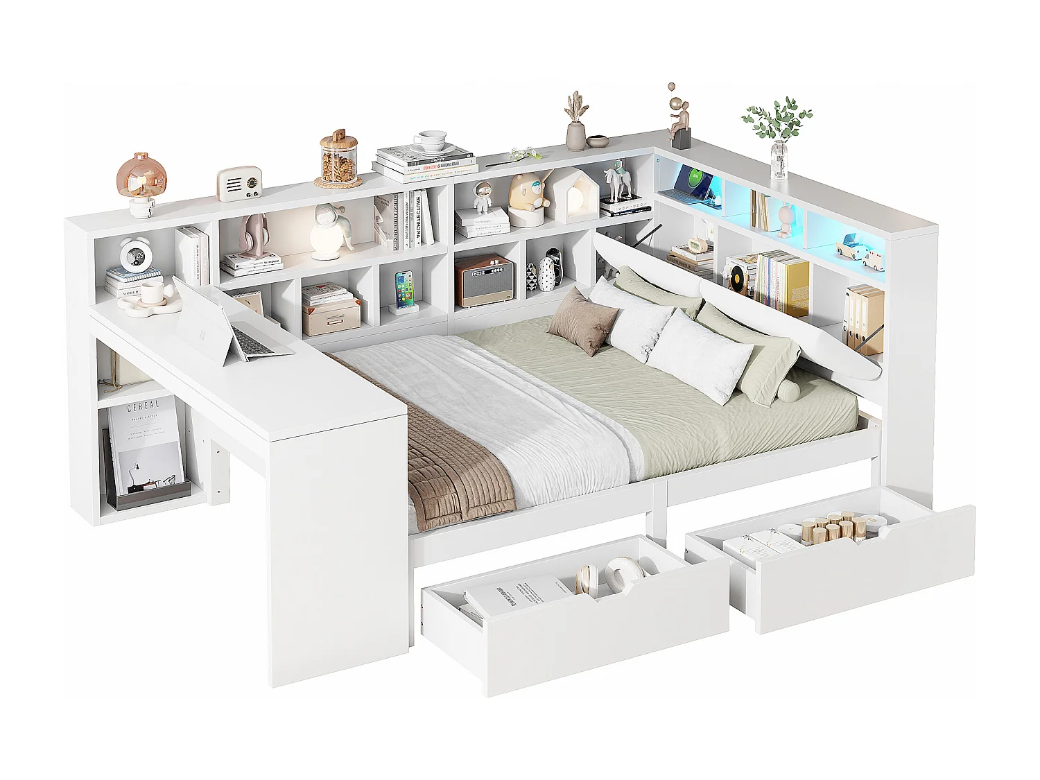 Beleuchtetes Sofa mit Schreibtisch und Bücherregal 140 x 200 cm mit beleuchtetem Kopfteil, 2 Schubladen und LEDs – MDF – Weiß