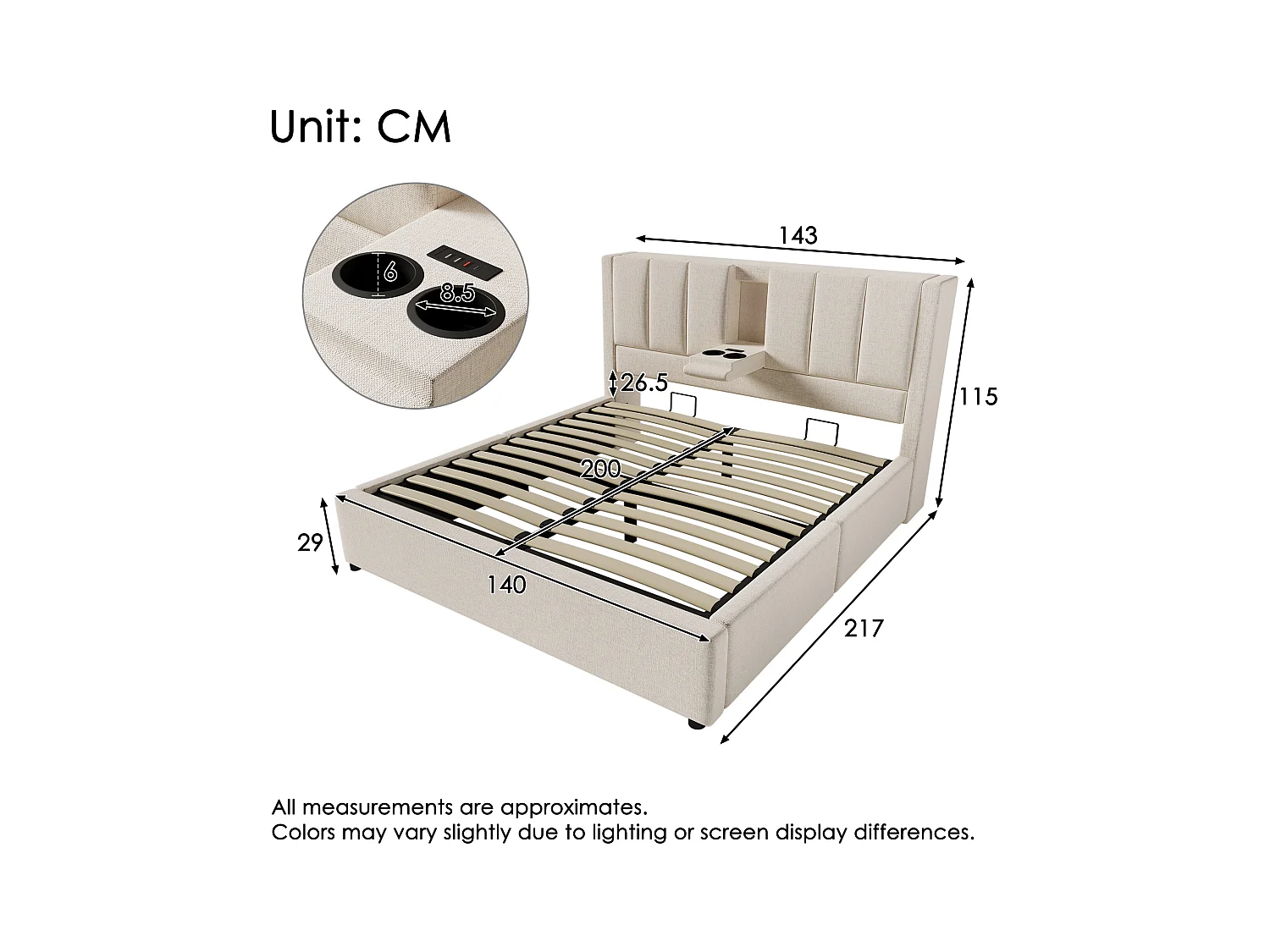 Lit coffre rembourré double - 140 x 200 cm - avec porte-gobelet caché et station de charge - lin - beige(avec matelas)