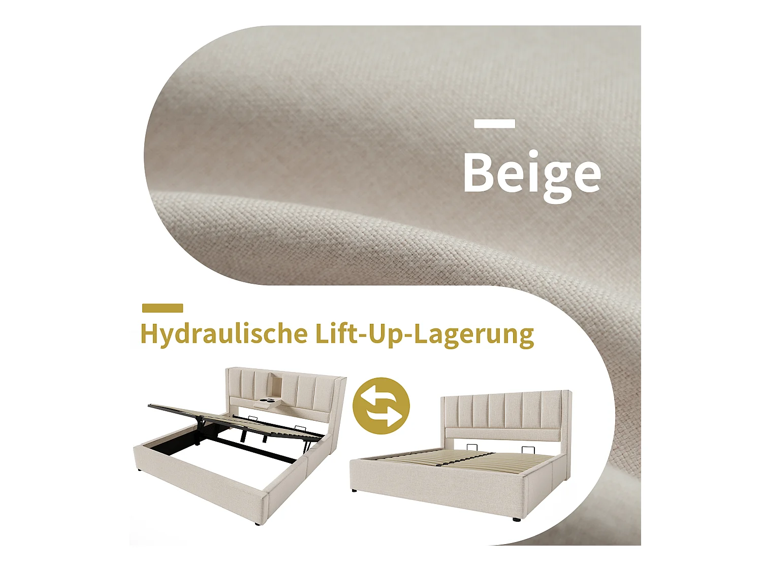 Lit coffre rembourré double - 140 x 200 cm - avec porte-gobelet caché et station de charge - lin - beige(avec matelas)