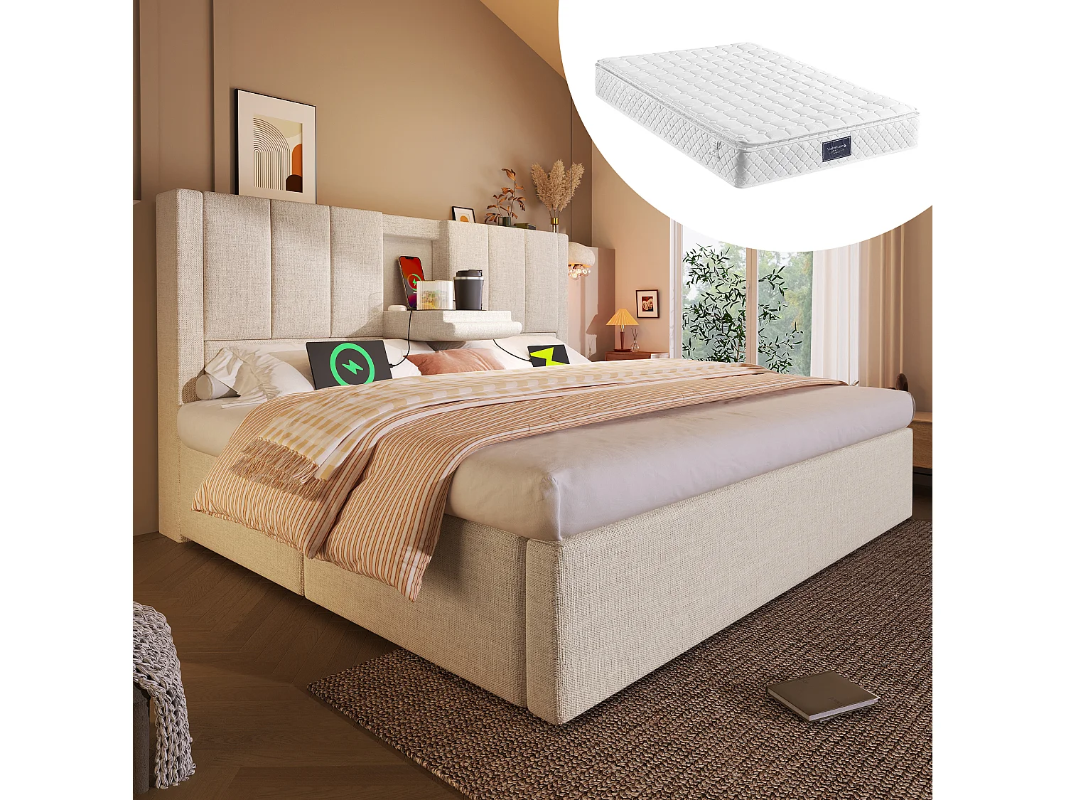 Letto contenitore matrimoniale imbottito - 140 x 200 cm - con portabicchieri nascosto e stazione di ricarica - lino - beige (con materasso)