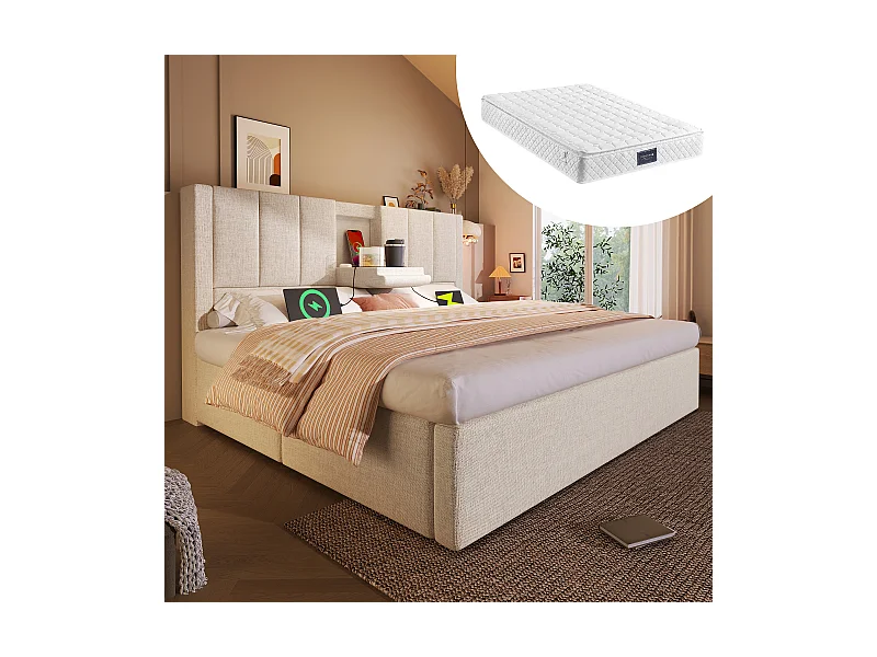 Lit coffre rembourré double - 160 x 200 cm - avec porte-gobelet caché et station de charge - lin - beige(avec matelas)